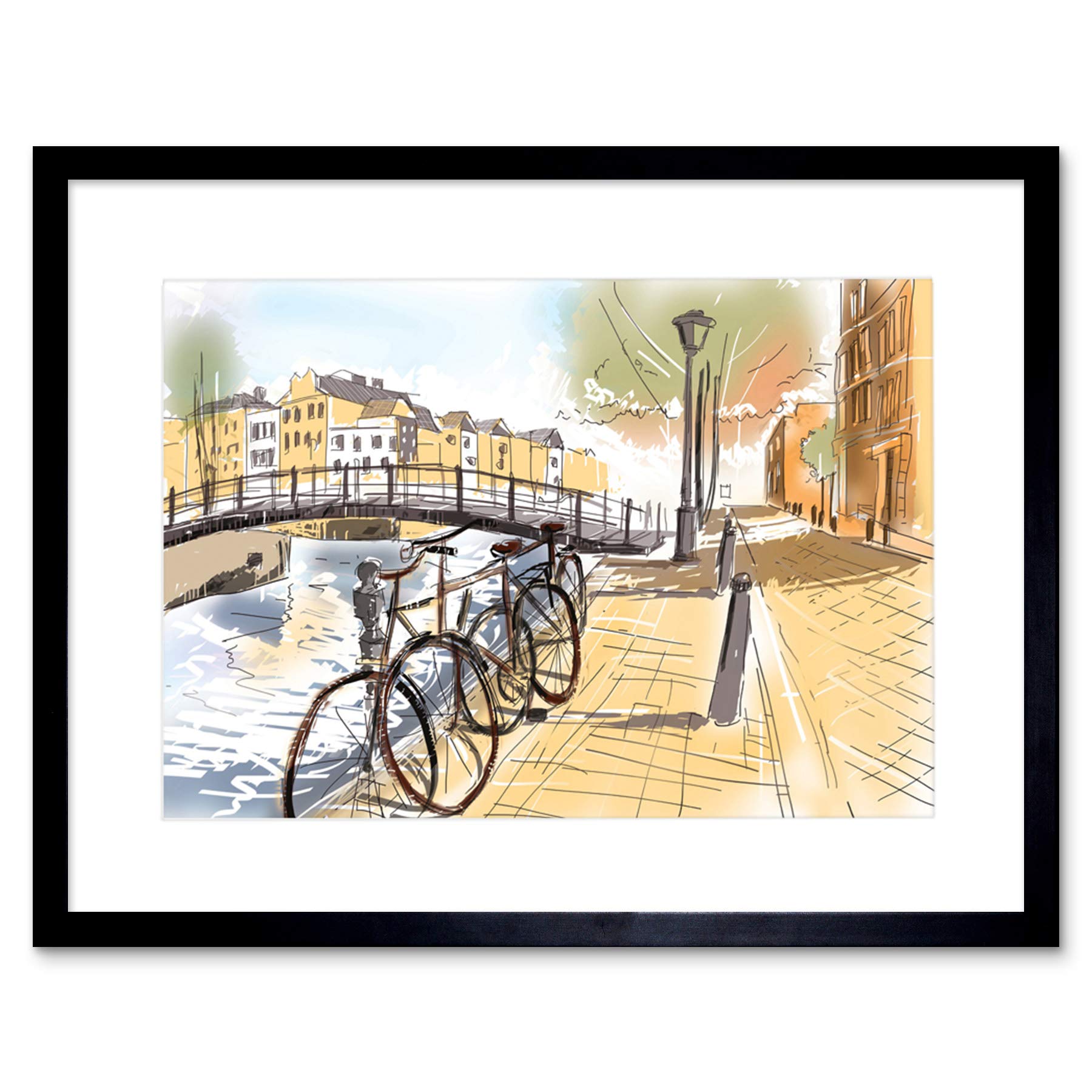 Wee Blue Coo Painting Drawing Cityscape Street Amsterdam Canal Bridge Framed Wall Art Print