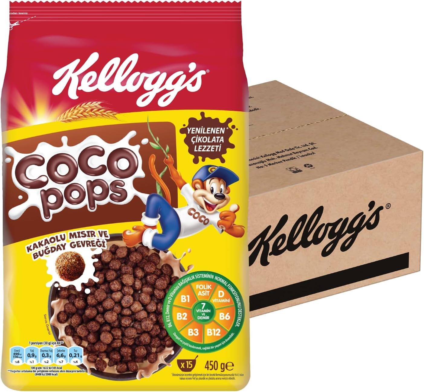 KELLOGG'S Coco Pops Çikolatalı Buğday ve Mısır Gevreği 450 gr x 12 Adet, Lif, Demir ve 6 Vitamin Kaynağı,%100 Pancar Şekeri, D vitamini, Kalsiyum, Folik Asit ve Demir İçerir,%40 Kakao İçerir