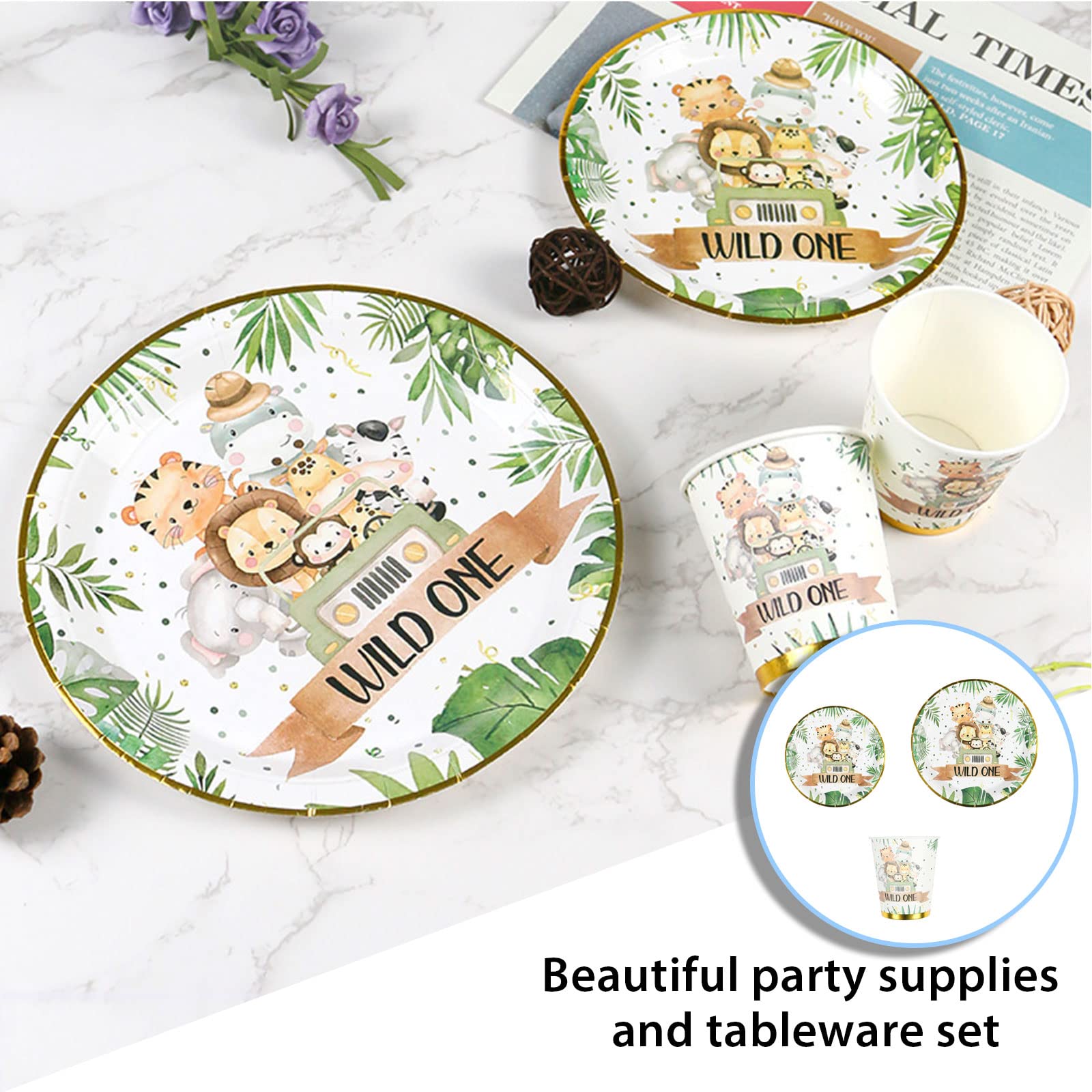 Ensemble Vaisselle Jetable Jungle Safari 52 Pièces - Pour 16 Invités - Assiettes, Gobelets, Serviettes - Anniversaire Enfant