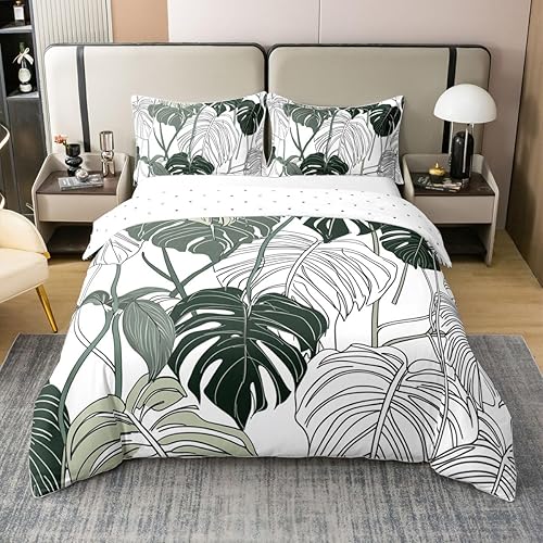Juego de ropa de cama 100% de algodón natural con hojas de palmera, funda de edredón Monstera con hojas tropicales, rama de hojas tropicales, funda