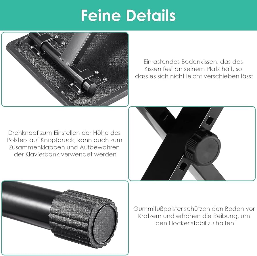 Sgabello Regolabile Per Pianoforte MAMIZO - Panchetta Imbottita In Ecopelle, Design A X Pieghevole, 3 Altezze, Nero