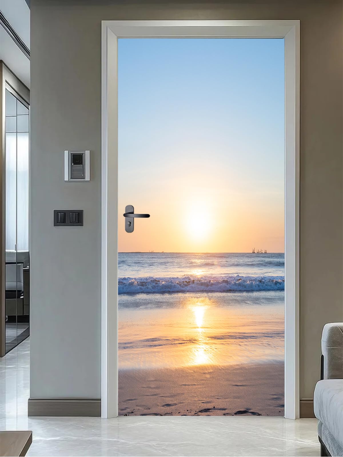 Photo 1 of artfanke 3D Sunrise Ocean Door Sticker Peel and Stick 30.3"x78.7"- Self-Adhesive Door Murals Wallpaper Decal for Living Room Bedroom Decor(2 Sheets/Set)