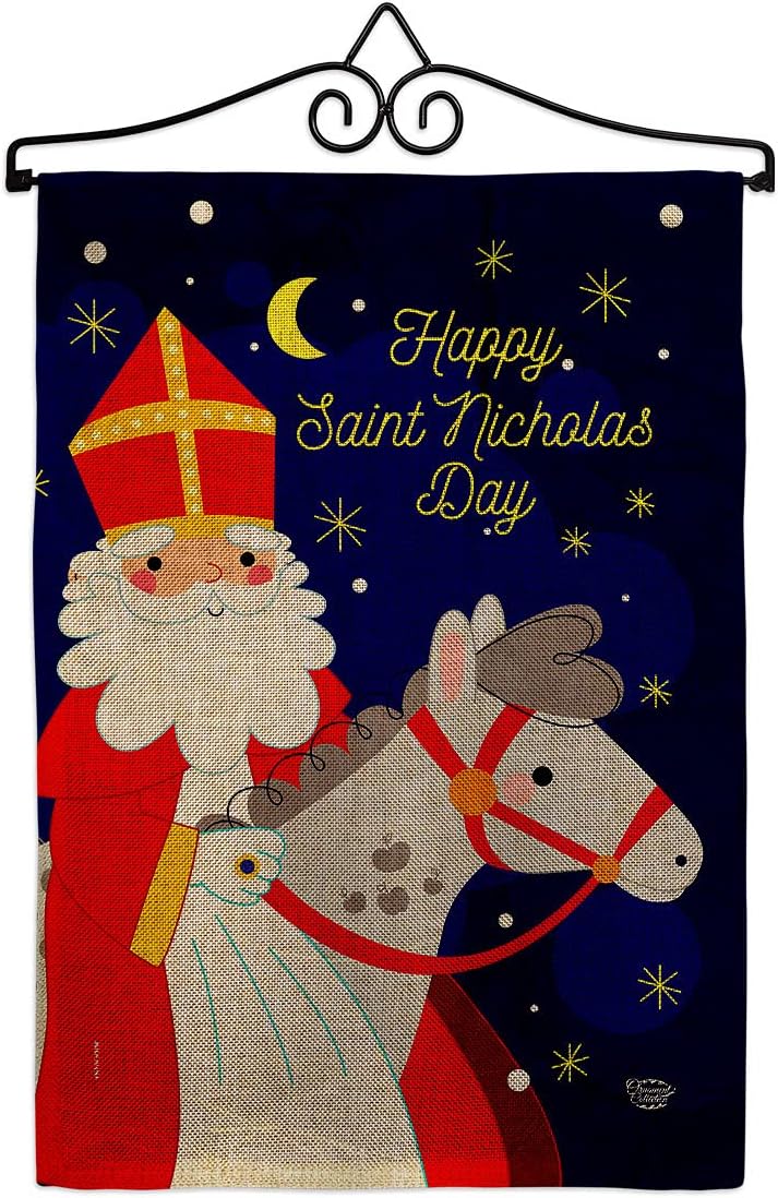 Saint Nicholas Day Garden Flag Set Wall Hanger Wintertime Winter Wonderland Snowflake Snowman Ice Skate Season Snow Small Decorative Gift Yard House Banner Made In USA 13 X 18.5