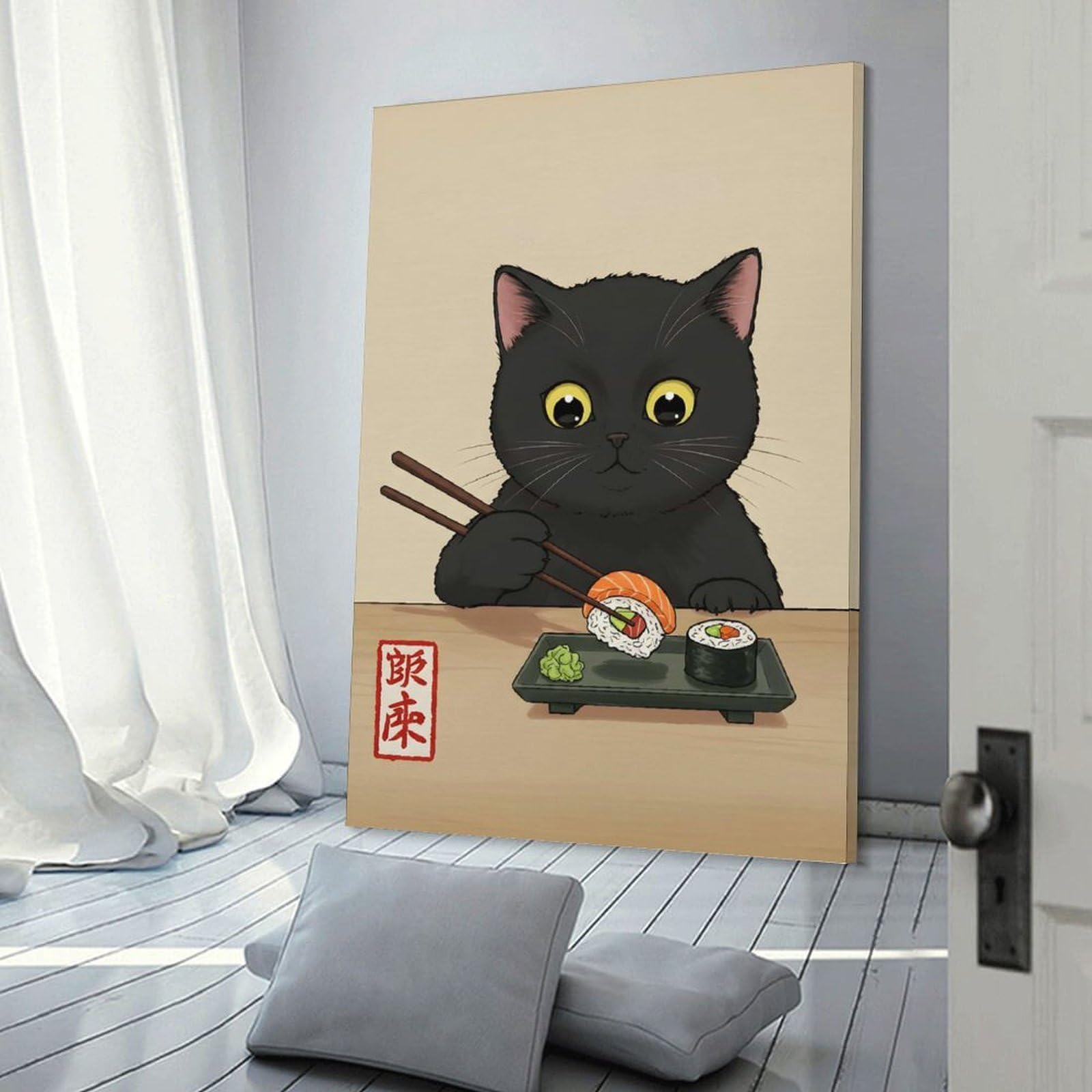 Junmoney Black Cat Eating Sushi Decorative Wall Artwork, 24x36inch(60x90cm), for Work Areas, Reading Rooms Or Studios, Wall Art That Adds Style to Work Areas