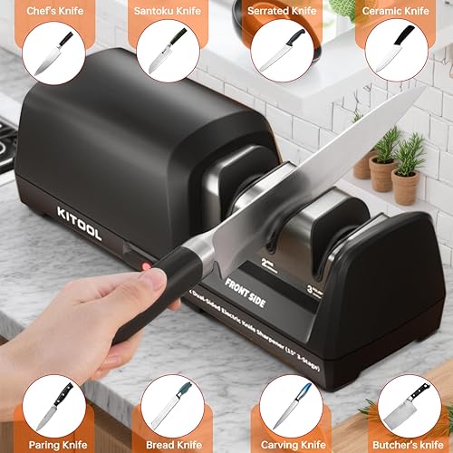 Miniatura 7 de Afilador de cuchillos eléctrico, afilador de 3 etapas de doble cara con abrasivos 100% de diamante, bajo ruido y control inteligente de temperatura,