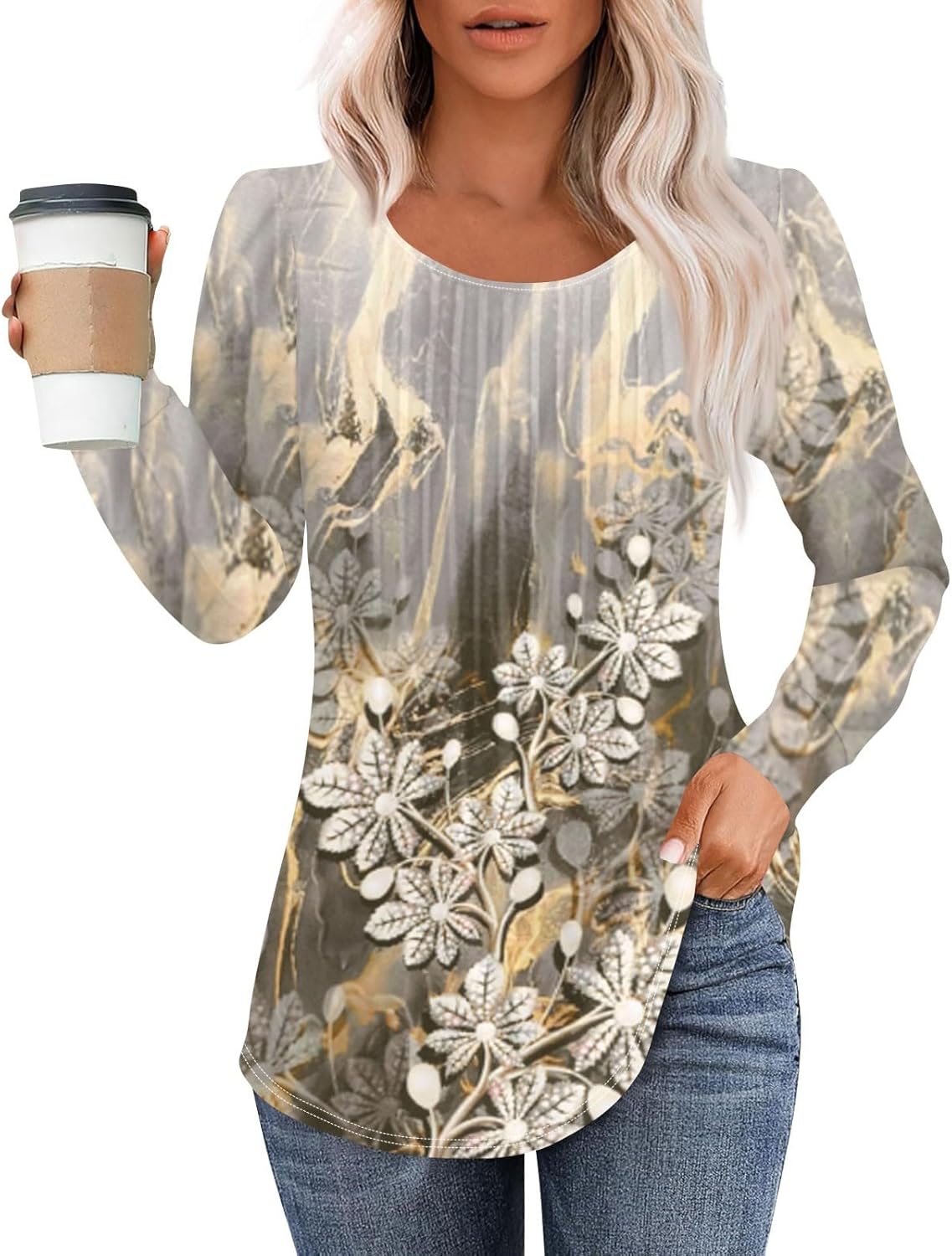 RMBLYfeiye Langarmshirt Damen Oversized - Blumen Print Rundhals Sweatshirt