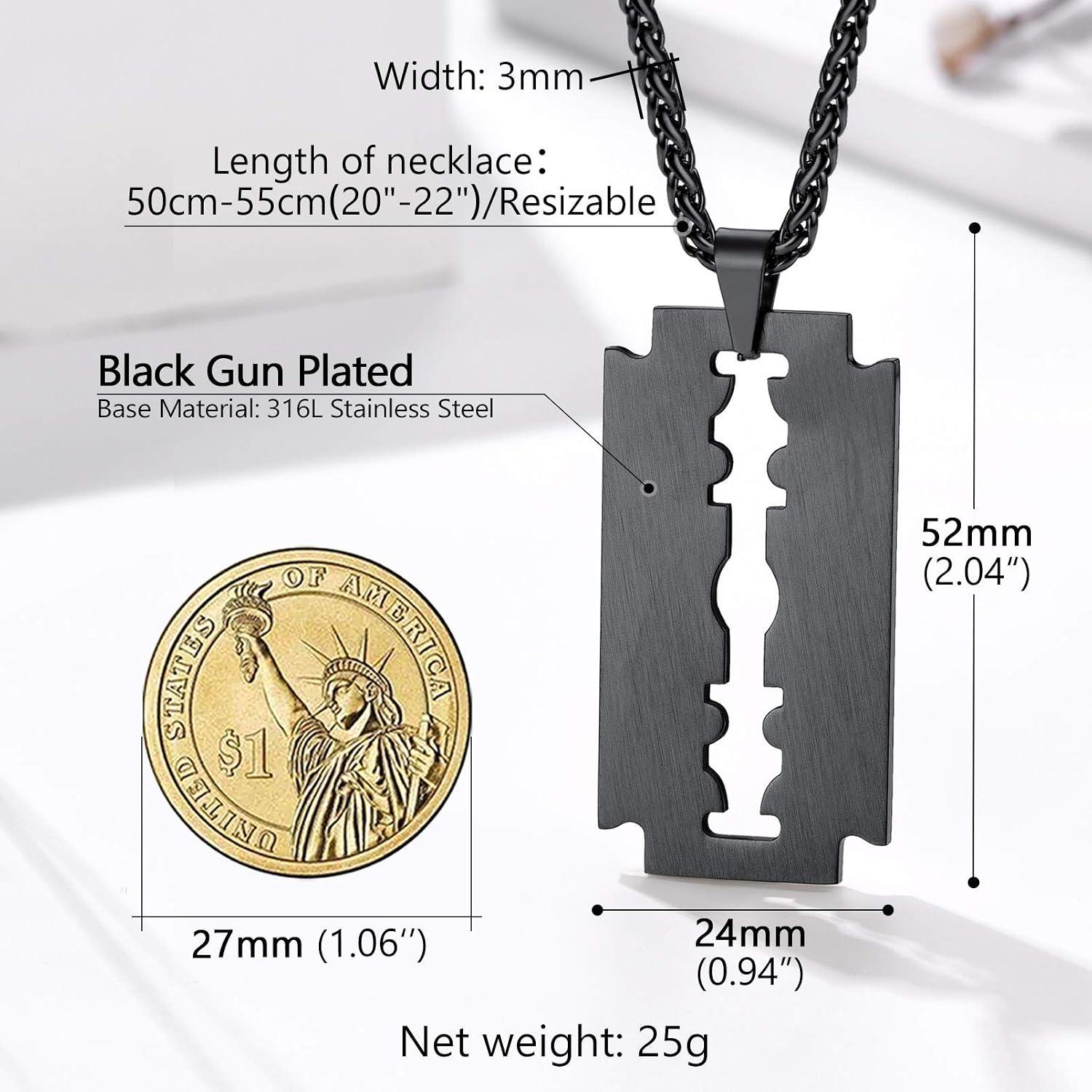 PROSTEEL Mens Stainless Steel Razor Blade Model Dog Tag Pendant Hip Hop Necklace, Punk Rock Jewelry, 22inch-24inch Adjustable, Come with Box