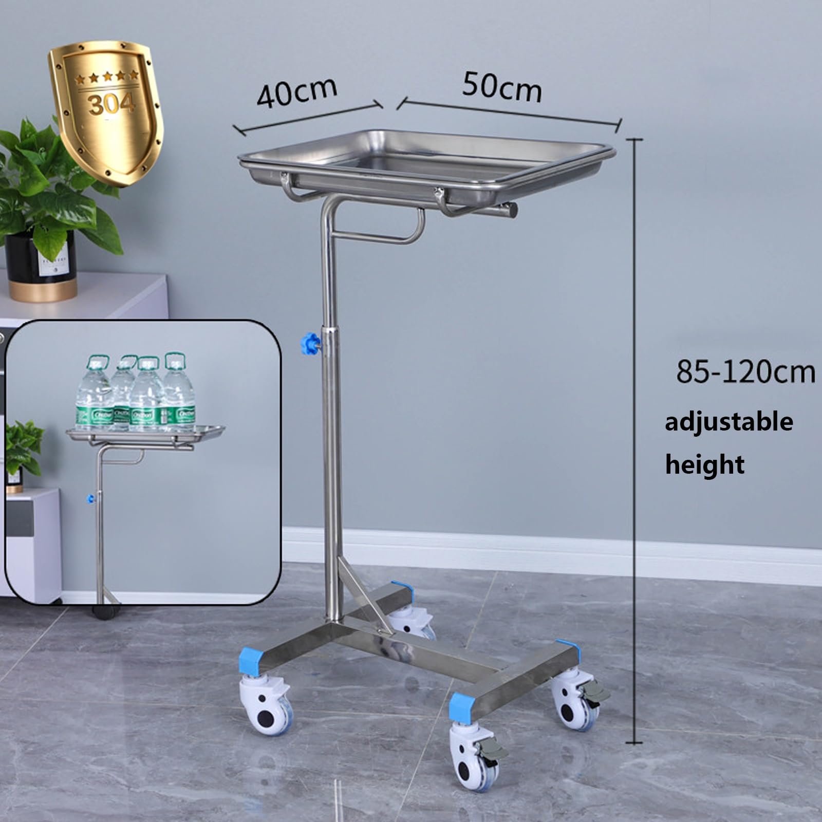 Supporto per Vassoio Mobile - Carrello di utilità Regolabile in Acciaio Inossidabile con Vassoio e Ruote per Strumenti Rimovibili per Uso Medico, Dentale, Salone, Tatuaggio e Spa