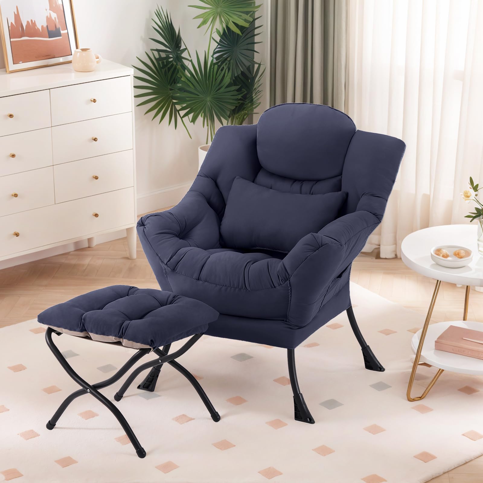 Furlide Lazy Chair with Ottoman, Modern Lounge Chair with Lumbar Pillow, Accent Cozy Reading Armchair and Folding Footstool for Bedroom, Dorm, Living