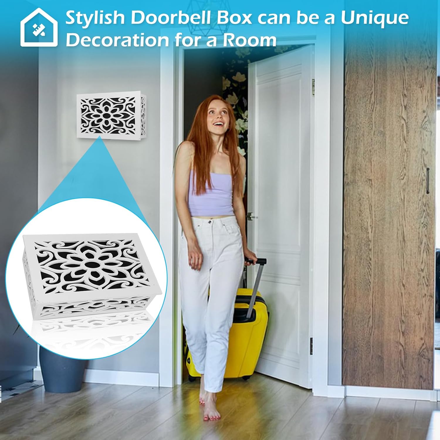 Doorbell Chime Cover Box Only, Wood Doorbell Cover Inside Decorative Door Bell Chime Box Covering White Door Bell Cover for Indoor/Outdoor Home Wall (Type 3 White)