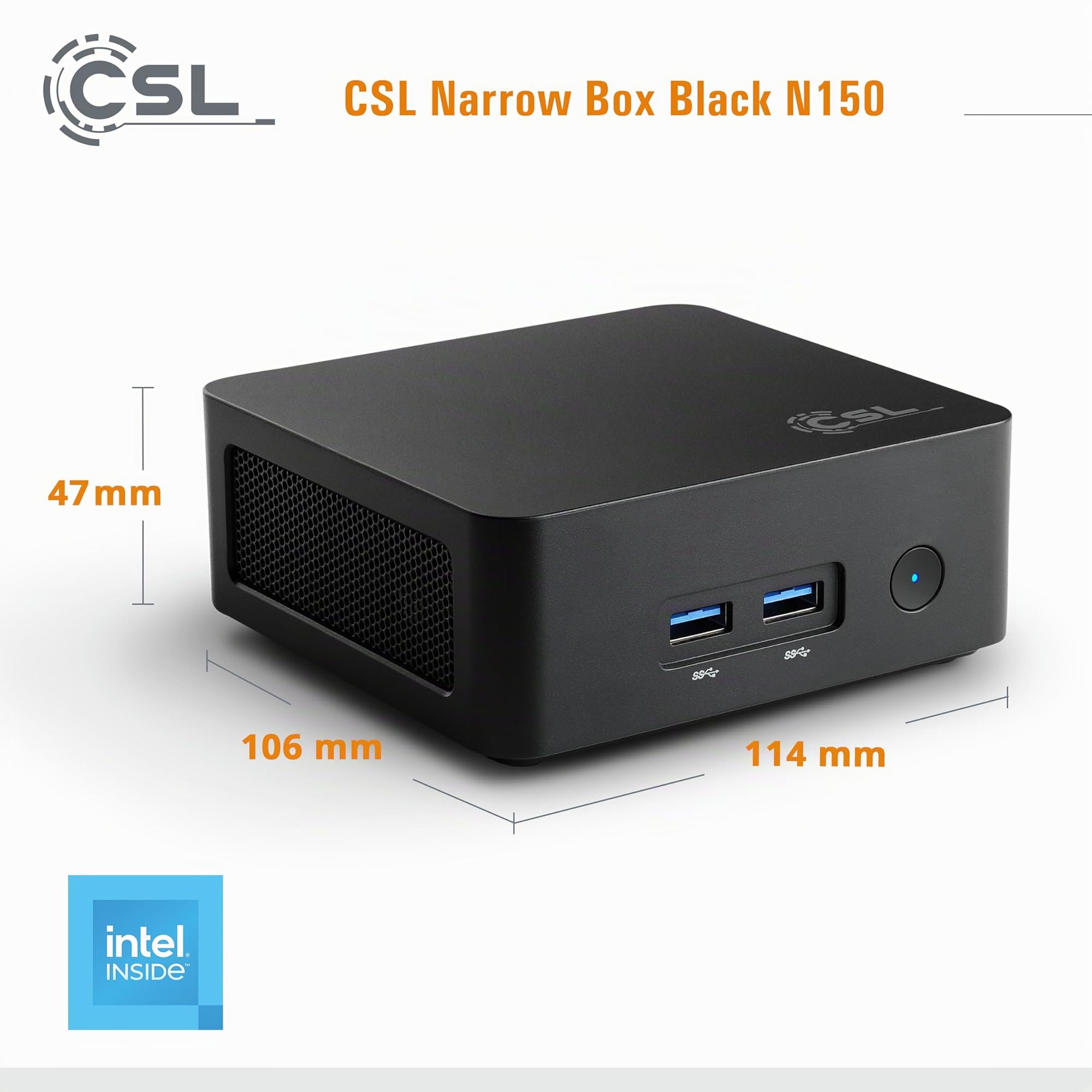 Mini PC CSL Narrow Box Black Windows 11 Home, Intel N150 4X 3600 MHz Turbotakt, 500 GB M.2 SSD, 16 GB DDR4-RAM, Intel UHD Grafik, HDMI 2, USB 3.2, BT 5.2, AX WLAN