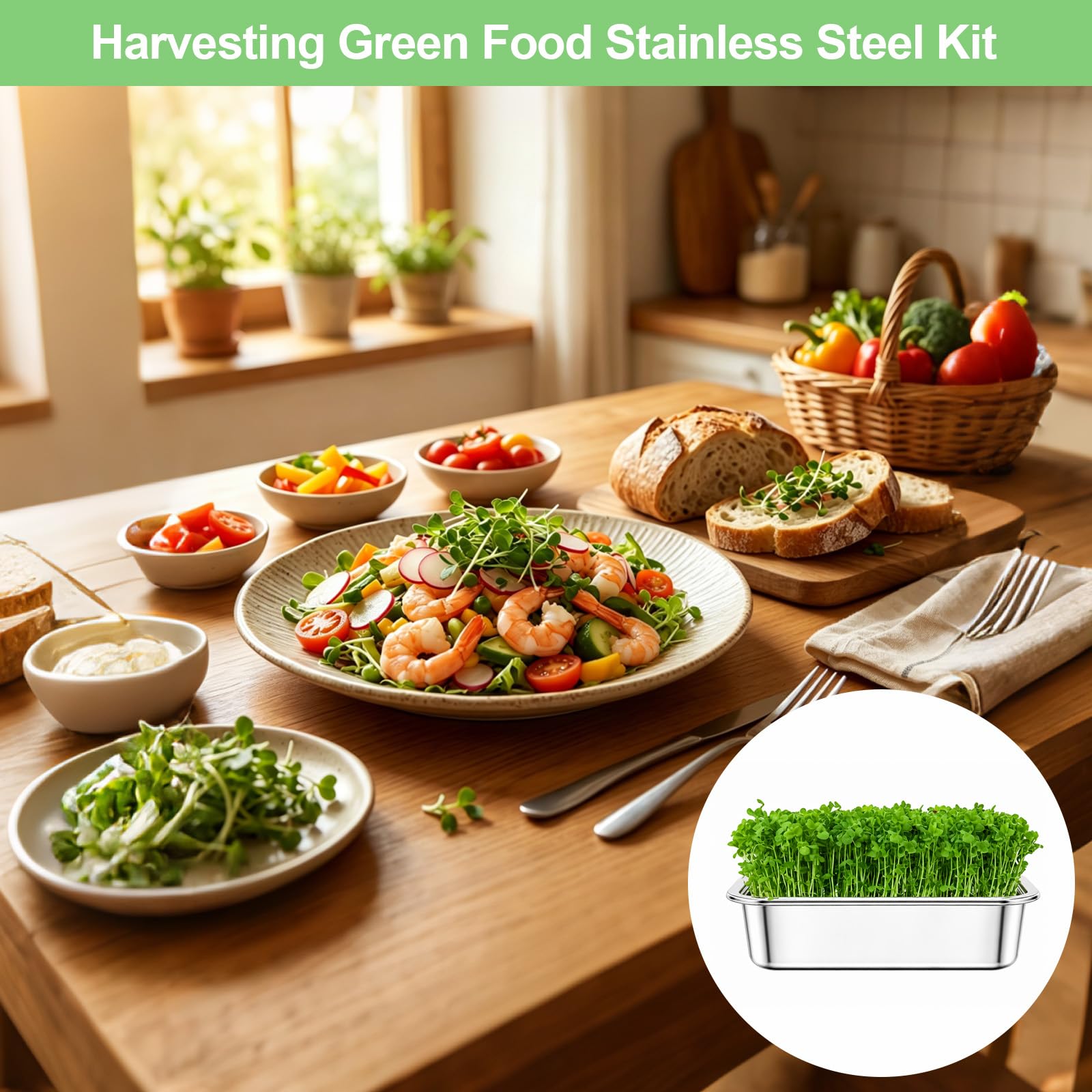 1er Set Sprossen Anzuchtset Edelstahl : 2-in-1 Keimschalen Set für Sprossen mit Silikonsieb & Stoff-26 x 19 cm Microgreens Anzuchtschalen für Katzengras Kresse- Profi Wiederverwendbare Keimschale