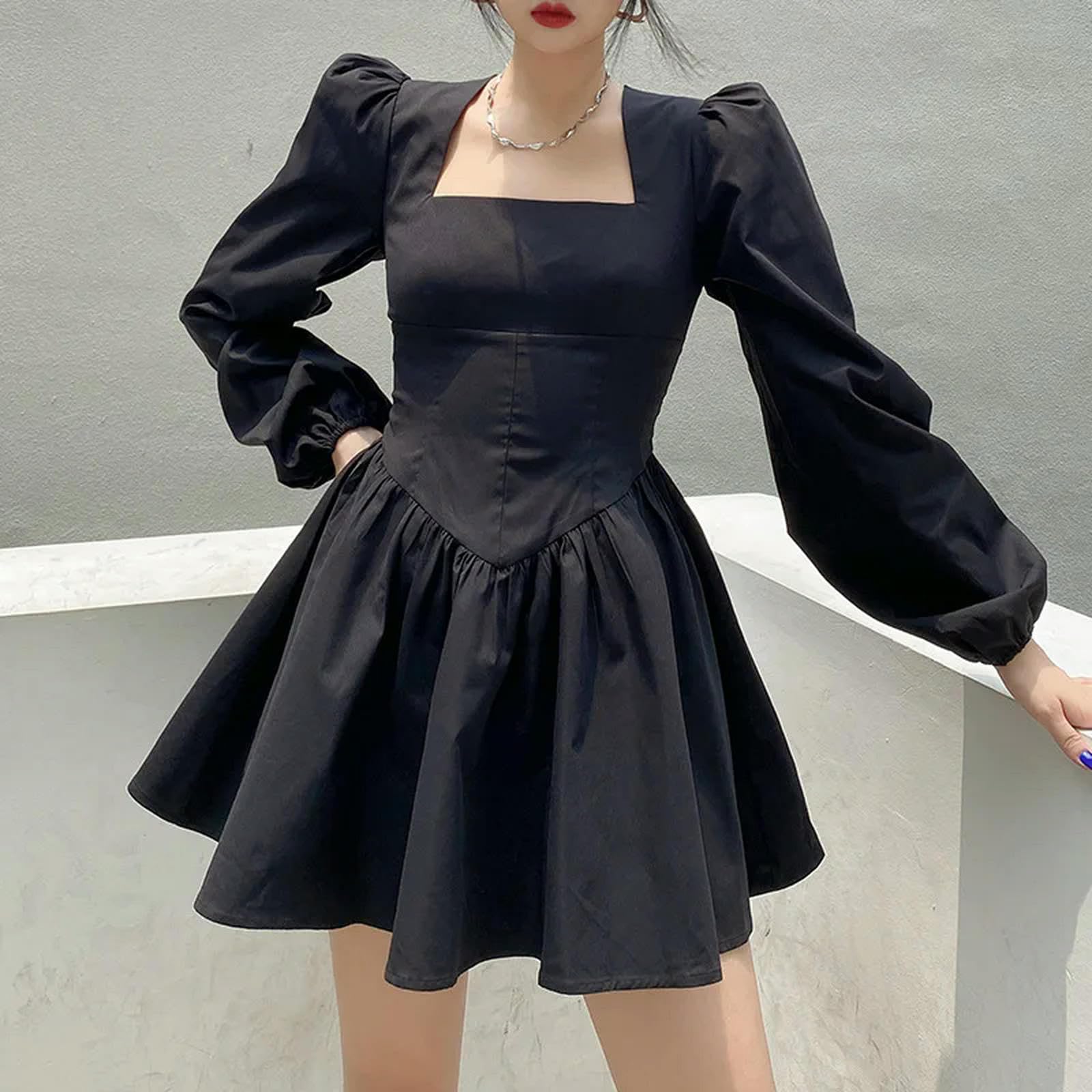 Vestido Ajustado de Corte A para Mujer, Vestido Corto con Cuello Cuadrado y Mangas largas abullonadas para Fiesta Informal, Negro, L