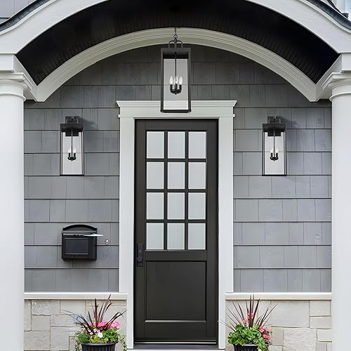 Miniatura 6 de Lámpara colgante grande para exteriores para porche delantero, lámpara colgante de 28 pulgadas con 4 luces negras con vidrio transparente, lámpara