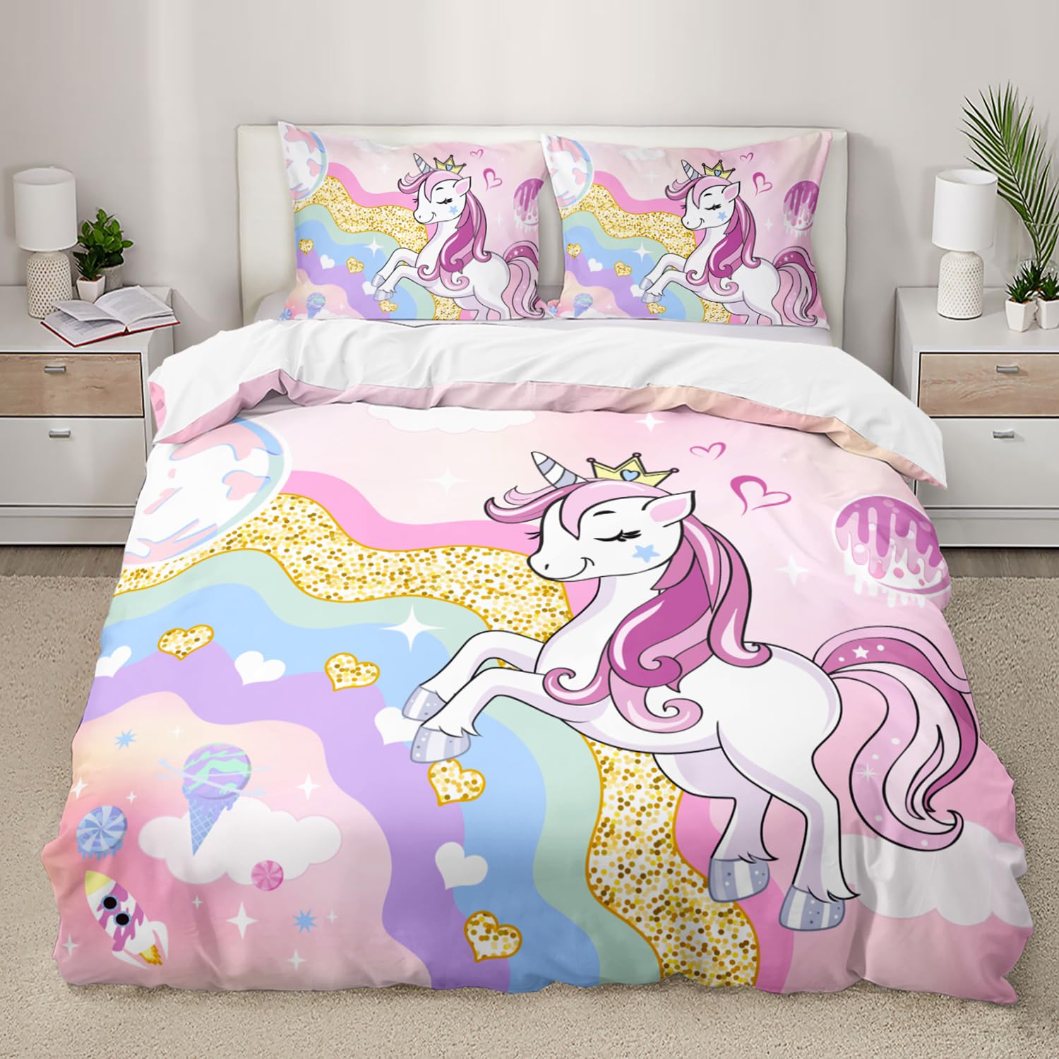 3D Gedruckt Einhorn Bettwäsche, Bunte Bettwäsche Set Geeignet für Kinder/Mädchen/Erwachsene bettwäsche 135 * 200cm,80 * 80cm*1 EDBTTAF021
