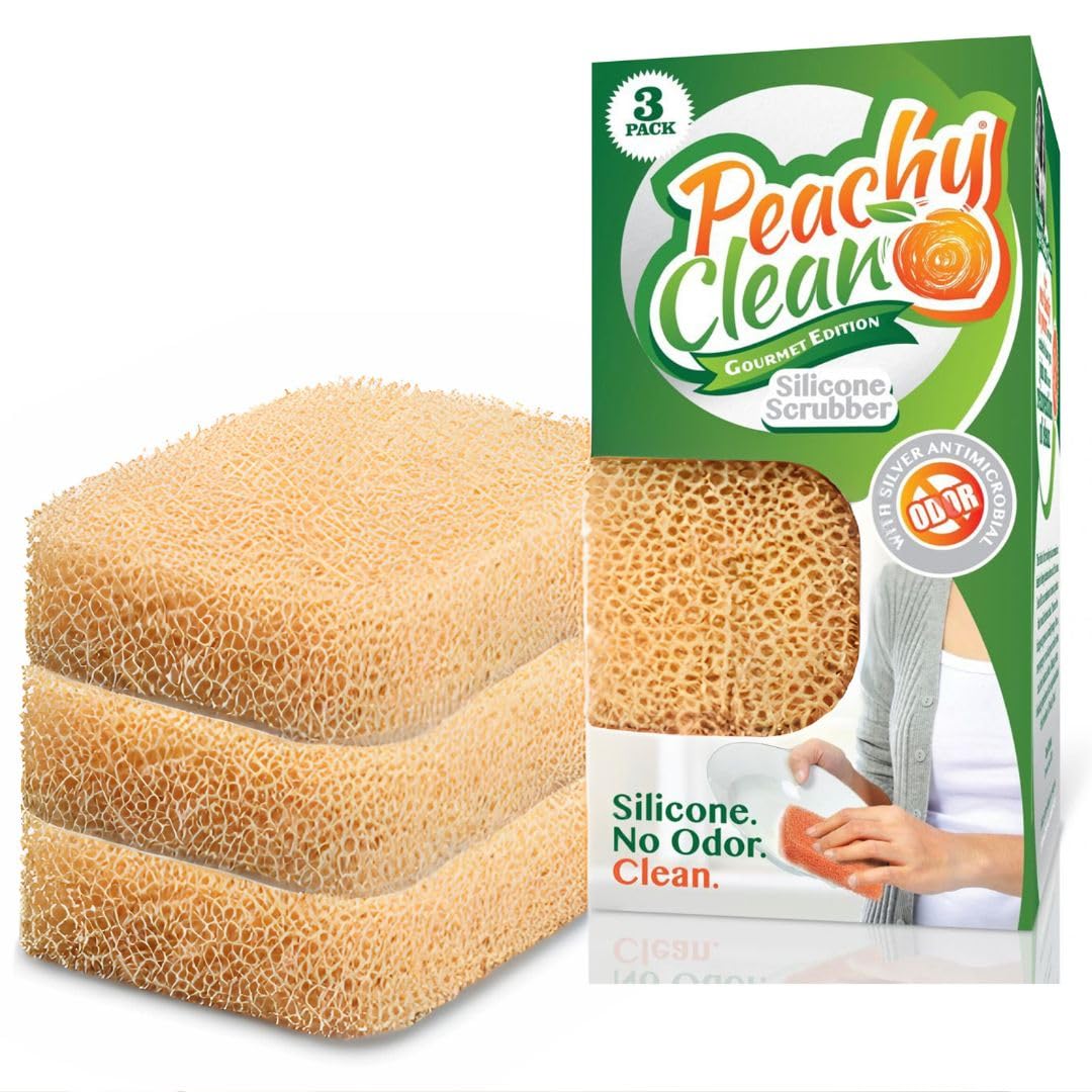 - Peachy Clean Silicone Dish Sponge Scrubbers, Unscented Freshness, Non-Scratch, Odor-Resistant, Durable Dish Sponges for Kitchen 3pk