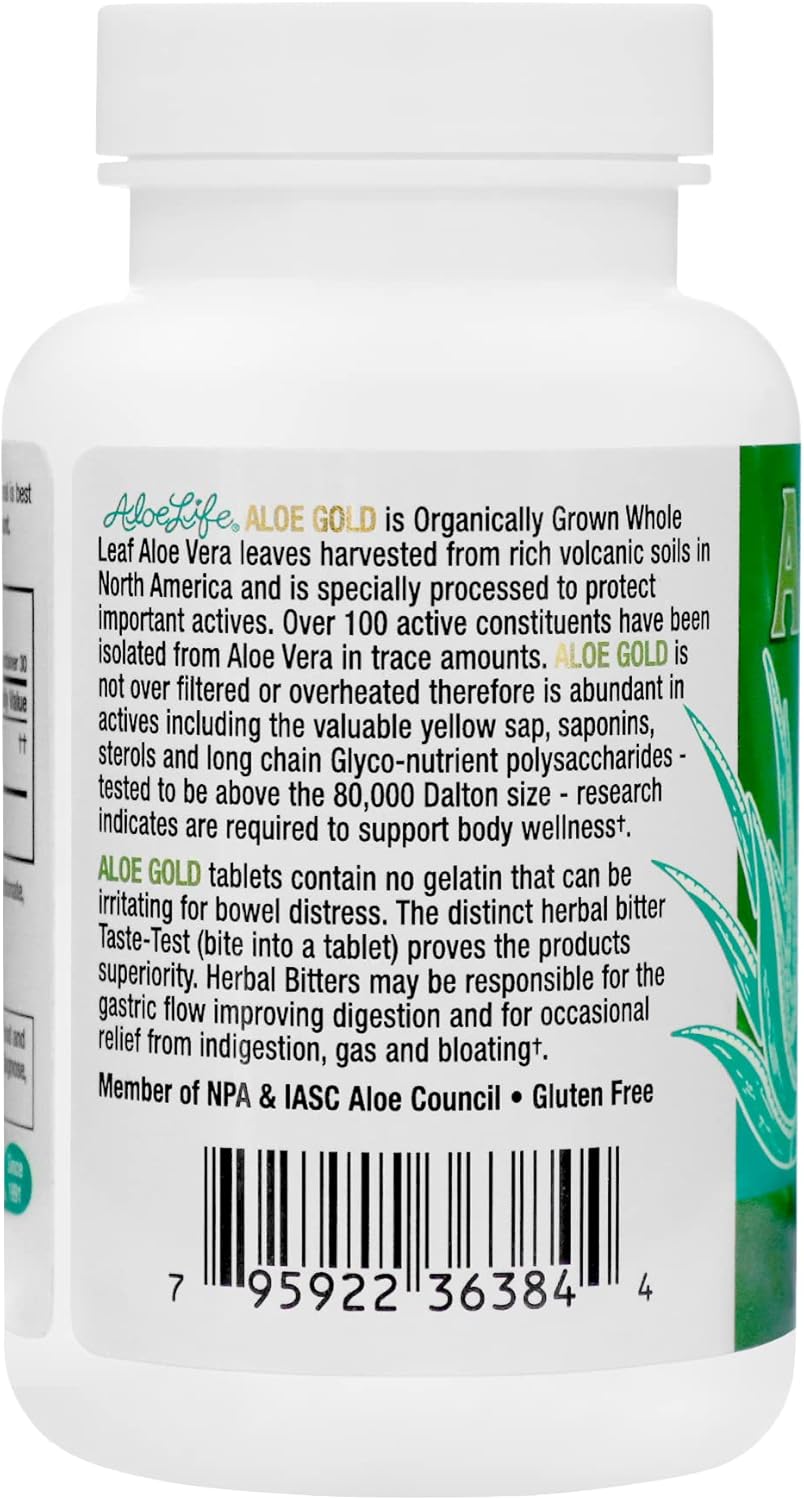 Aloe Life - Aloe Gold Tablets, Immune System Support and Healthy Herbal Bitter for Natural Digestive Aid, Energy and Body Wellness, Certified Organically Grown Whole Leaf Aloe Vera Leaves (90 Tablets)