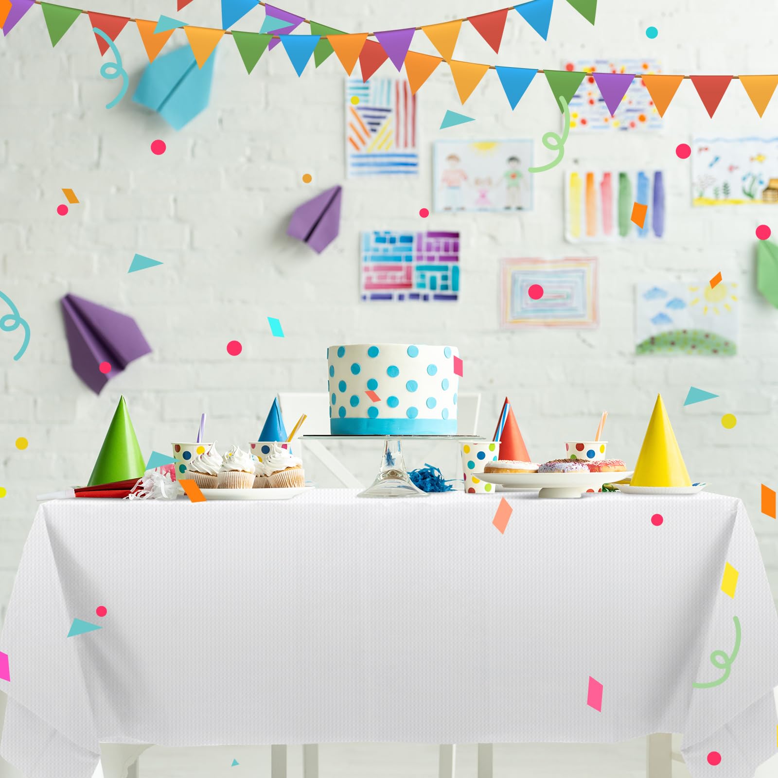 Sinload Paquete de 25 manteles de papel blanco para mesas rectangulares de 55 x 110 pulgadas, manteles de papel de 3 capas con respaldo de plástico, papel desechable y mantel de plástico para bodas