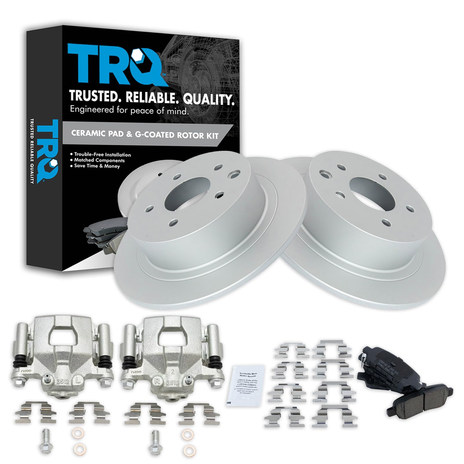 TRQ Rear Brake Pad and Rotor Set Ceramic G Coated Rotors Calipers