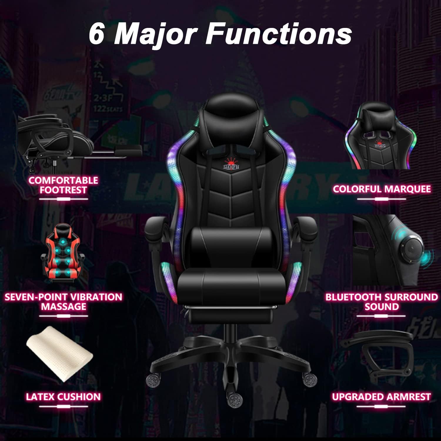 LED Gaming Chair with Speakers, Massage Computer Chair Ergonomic Racing Office Chair PU Leather Recliner Swivel Gamer Chair with Lumbar Support Headrest Armrest and Footrest,White
