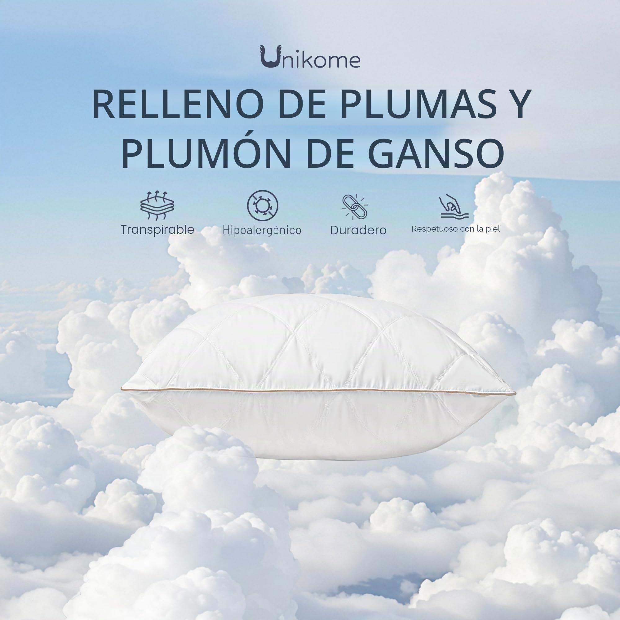 UNIKOME Almohada de plumón 65x65cm, Almohada de plumón de Ganso Juego de 2, Almohada de Plumas Blancas, Lujosa Almohada de Plumas y plumón núcleo, Tejido 100% algodón, Lavable a máquina, Oeko-Tex
