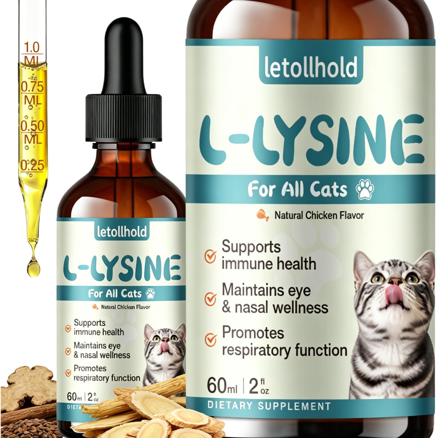 Lysine for Cats - L-Lysine Liquid Drops for Cat & Kittens, 60ML Lysine Supplement for Immune Support, Reduces Sneezing/Runny Nose, Supports Respiratory, Eye & Nasal Health, Easy-to-Feed, 2 Fl Oz