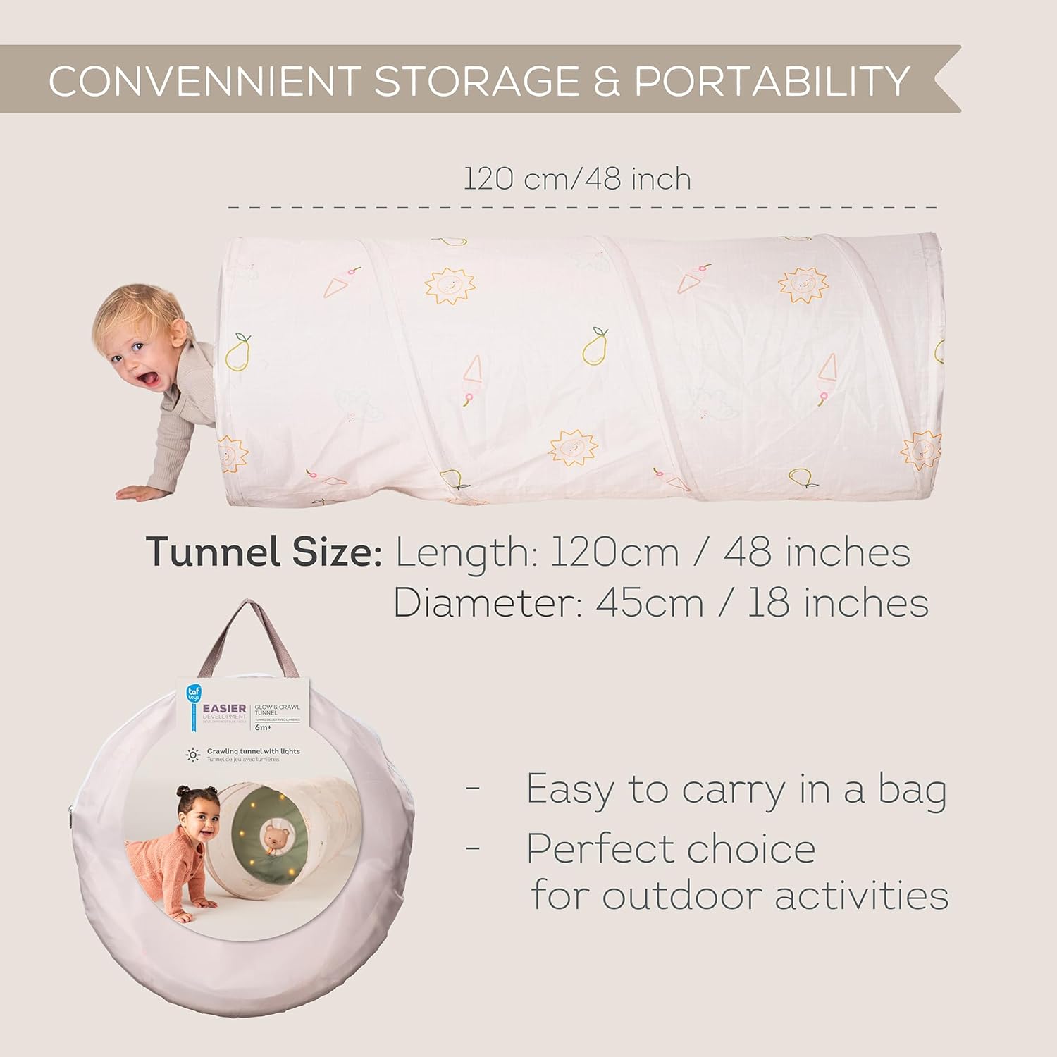 Taf Toys Play Light Tunnel Tent for Toddlers 1-3 - Baby Tunnel with Plush Bear - Engage Senses & Encourage Crawling - Twinkling Lights & Dual Light Modes - Kids Toddler Tunnels Crawl Indoor & Outdoor
