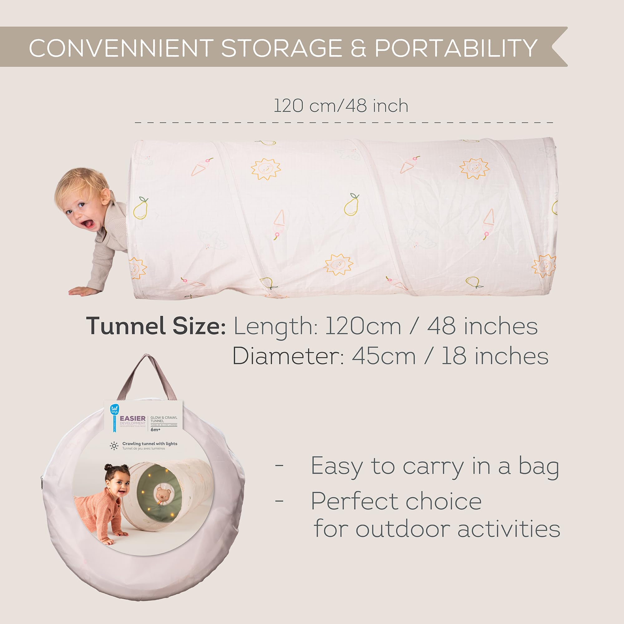 Taf Toys 13635 - Túnel de Juegos para bebés +6 Meses - Ideal para Explorar y desarrollar la coordinación - 45 x 120 cm