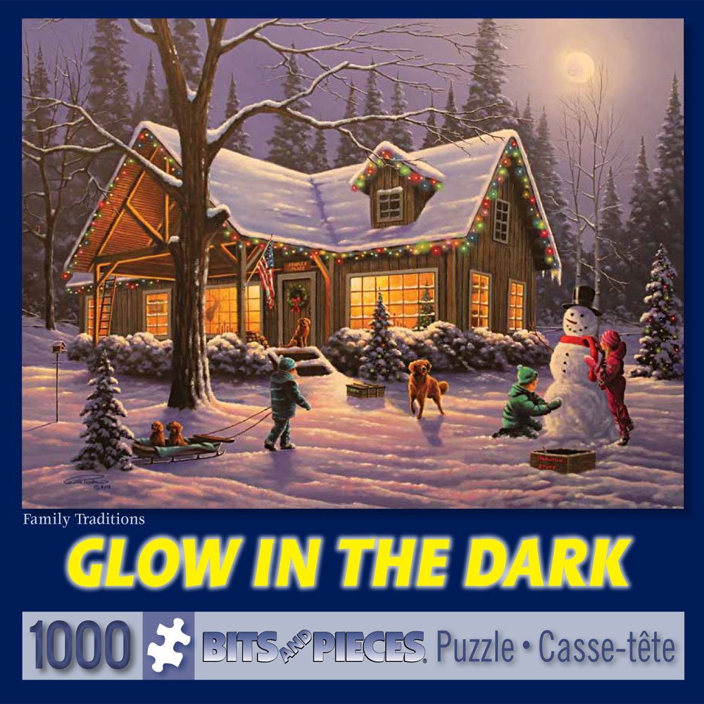 Bits and Pieces 1000 Parte Glow in The Dark tradizioni Puzzle Famiglia Artista Geno Popoli Inverno Natale Chalets 1000 Pc Glow Puzzle