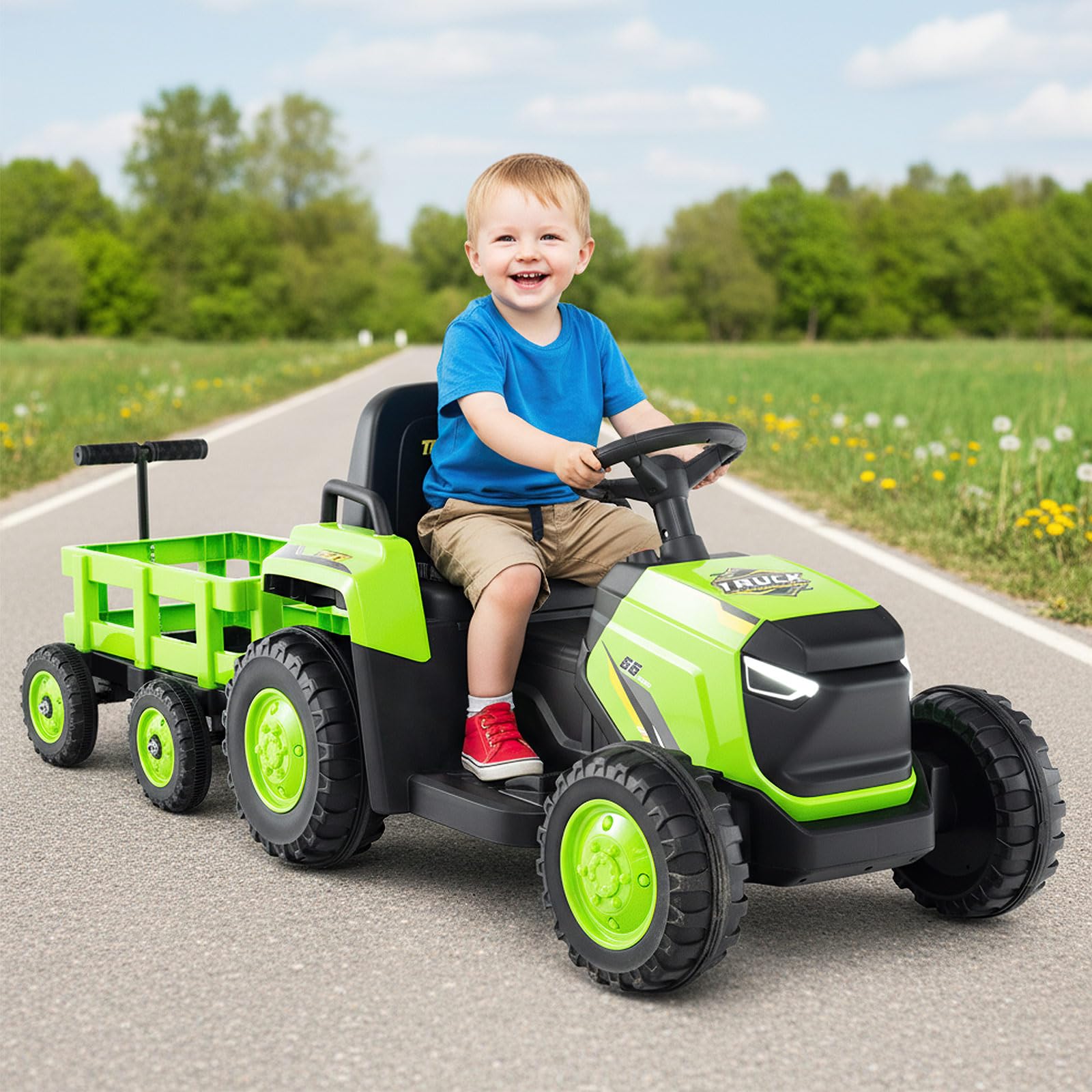 COSTWAY Tractor Eléctrico para Niños 12V, Coche Eléctrico para Niños con Remolque Desmontable, Mando a Distancia, Faros LED y Música, Tractor Juguete a Batería para Niño de 3 a 8 Años (Verde)