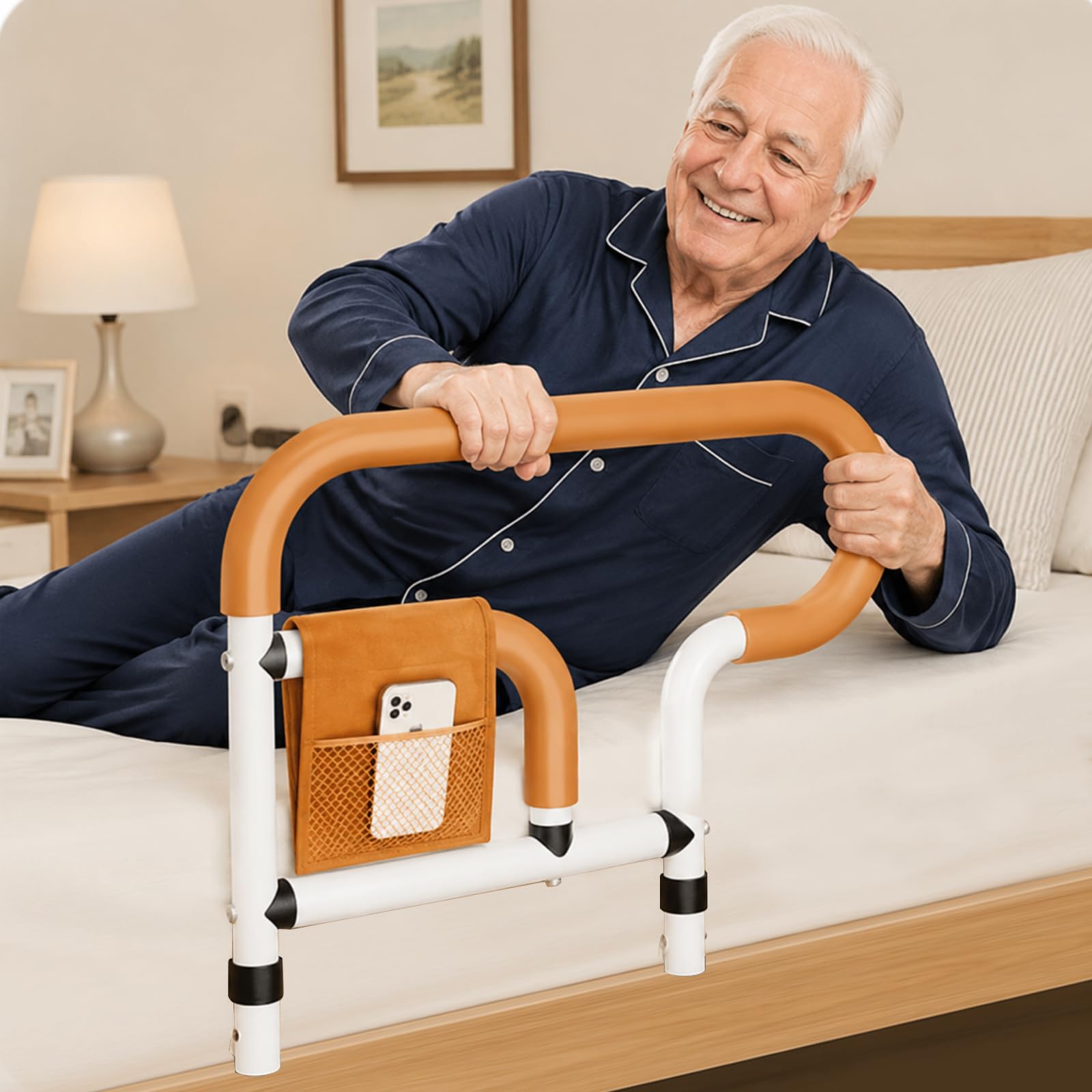 Aufstehhilfe Bett mit Rausfallschutz, Klappbares Bettgitter für Senioren, Höhenverstellbar & Stabiler Rausfallschutz für Boxspringbett, mit Aufbewahrungstasche