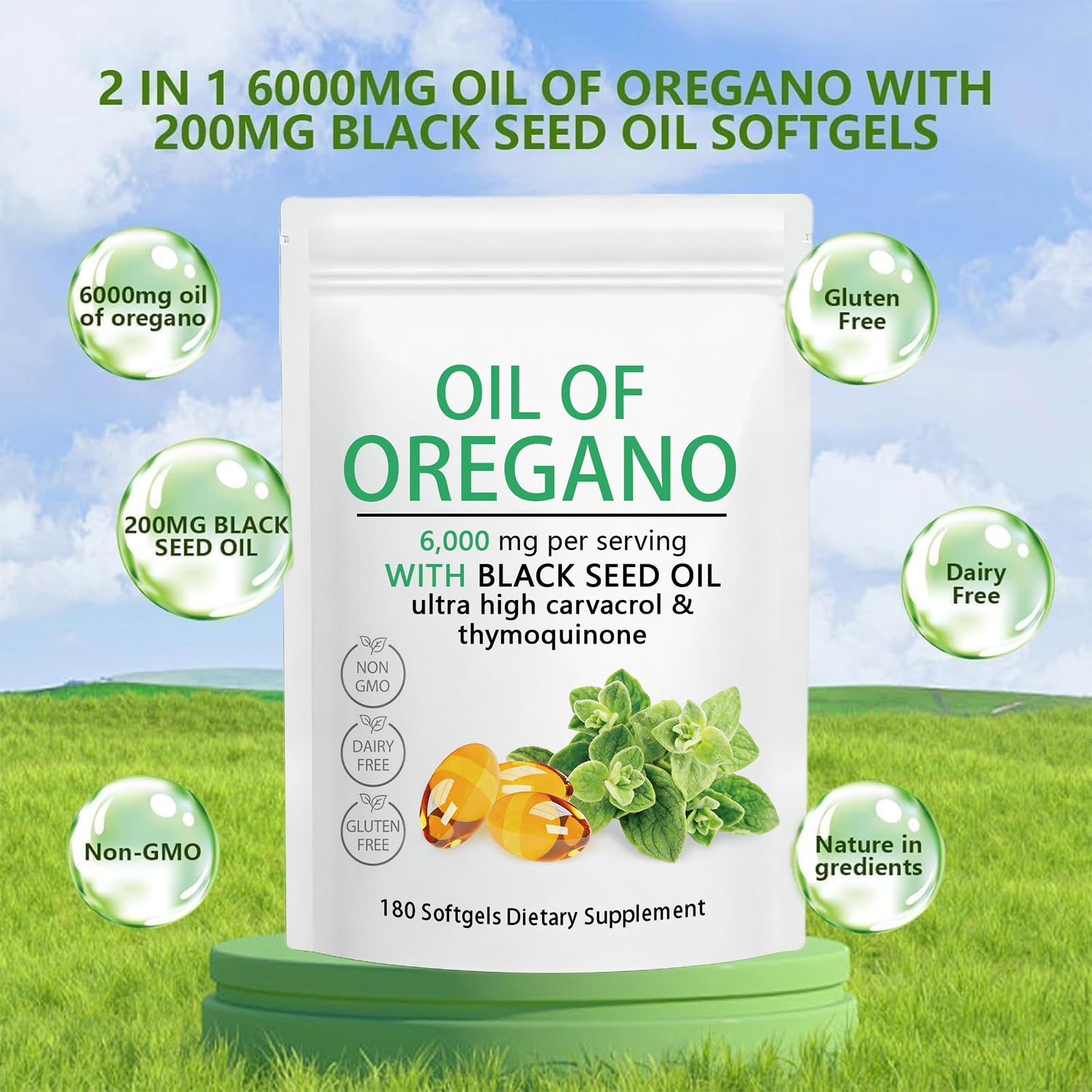 Oil of Oregano Softgels 6000mg with Black Seed Oil, Plant Based, Non-GMO, Immune Support, 180 Count — view 5