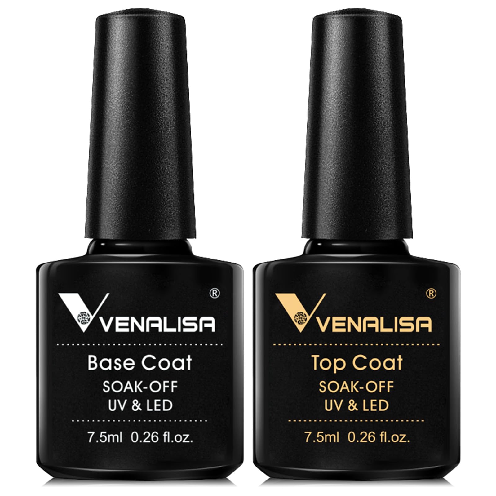 V VENALISA2pcs No Wipe Gel Top Coat and Base Coat Kit, Soak Off LED Clear Gel Base Top Gel Glossy Shine Finish Long Lasting Gel Polish Set