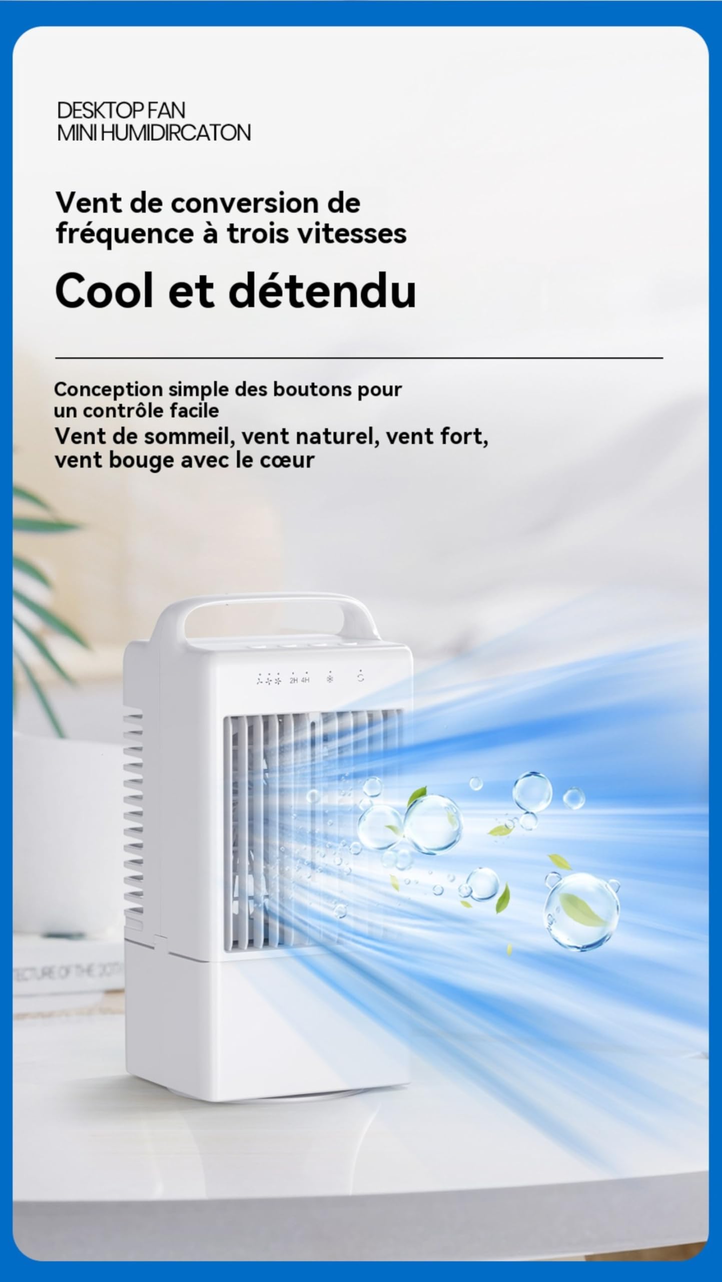 Przenośny mini klimatyzator 36 dB, cichy i cichy, przenośny 3-biegowy chłodziarka powietrza, kolorowe nastrojowe światło, wyposażony w szerokokątną głowicę wibracyjną, chłodzenie mgiełką