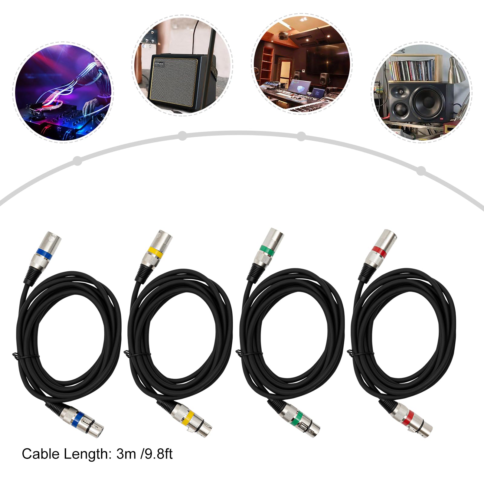 Zestaw 4 kabli Dmx 3 m, 3 piny, XLR, 3-biegunowy kabel połączeniowy Dmx, kabel sygnałowy Dmx, przyłącze sygnałowe, armata do sterowania światłem DMX, reflektor sceniczny, kolor czarny
