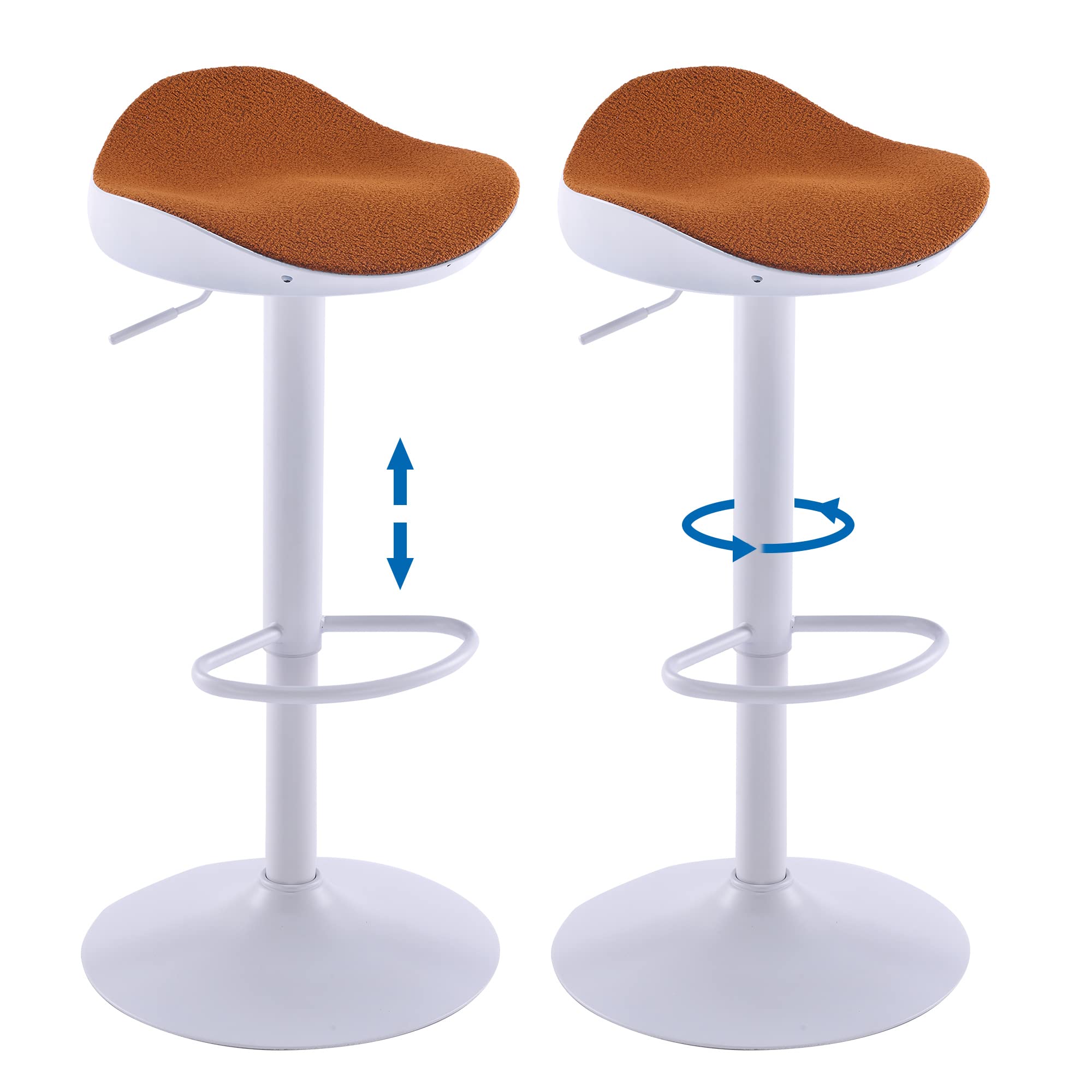 YOUNIKE Bar Stools Set of 2 Counter Height Barstools for Kitchen Island, 360° Swivel Bar Stools Adjustable Bar Chairs with White Sturdy Frame and Orange Tufted Velvet Seat