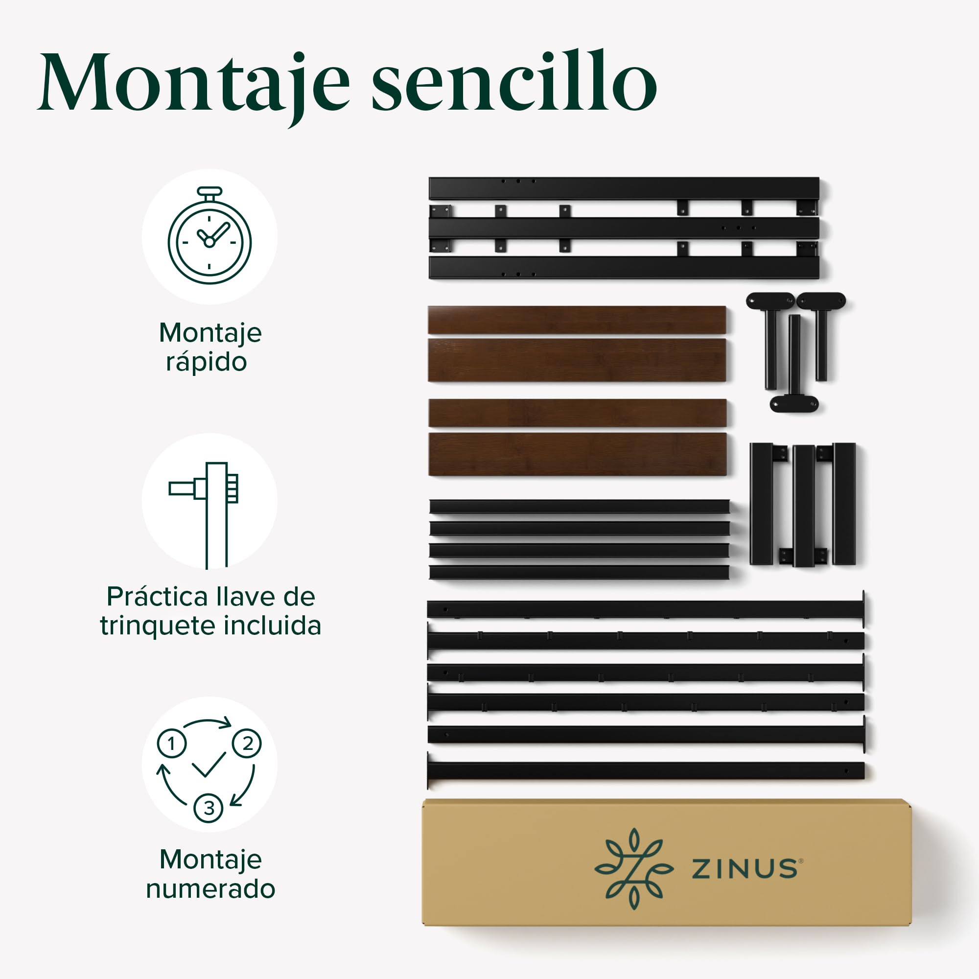 Zinus Kai Somier 135x190 cm - Altura 25.4 cm - Base Cama Matrimonio en Bambú y Acero con Cabecero - Láminas de Metal - Espacio de Almacenamiento - Montaje Fácil- Negro y Marrón