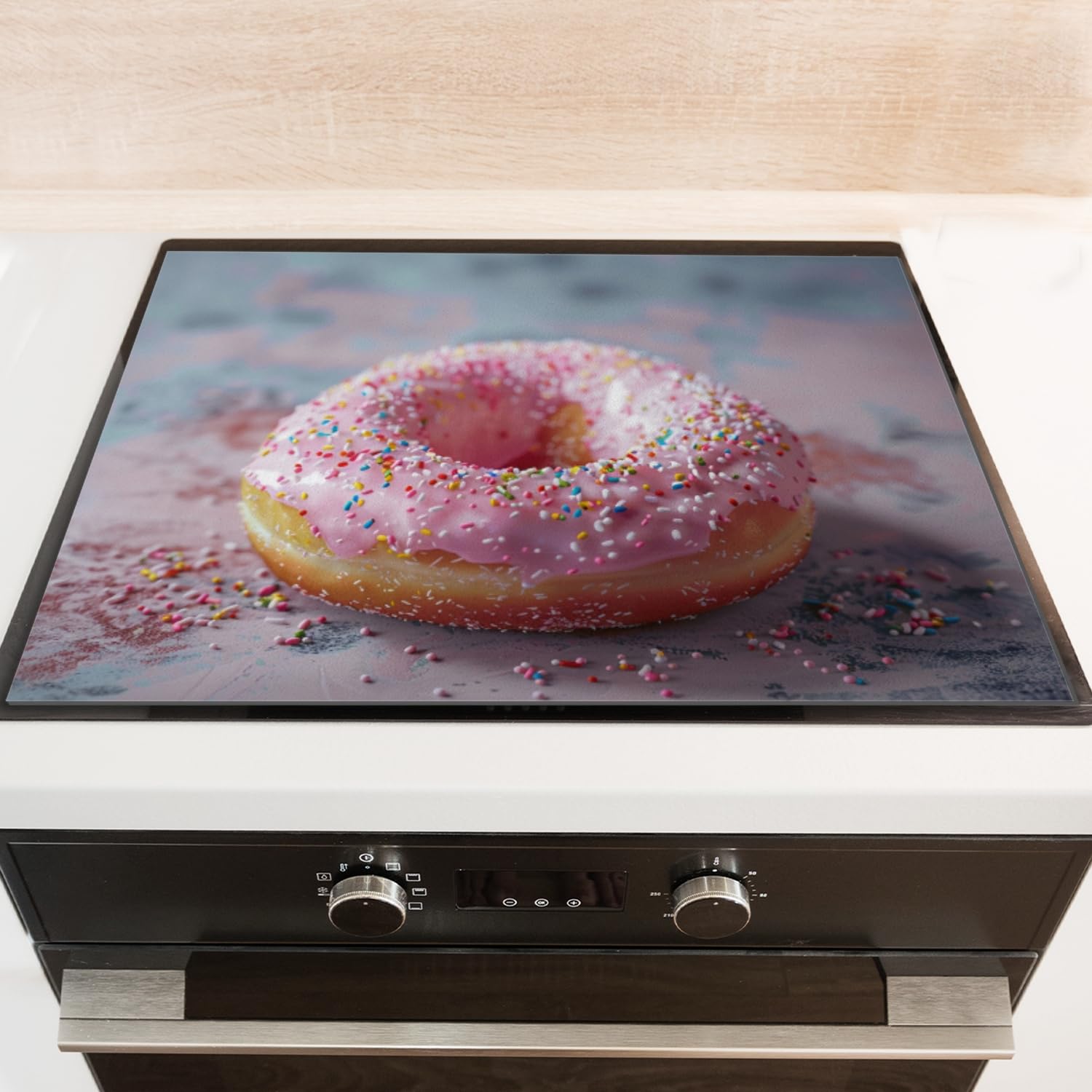 Diatomite Stove Top Covers 28x20 inches Dust-Proof Dish Drying Mat for Gas and Electric Ranges-Pink Doughnut With Colorful Sprinkles Placed On