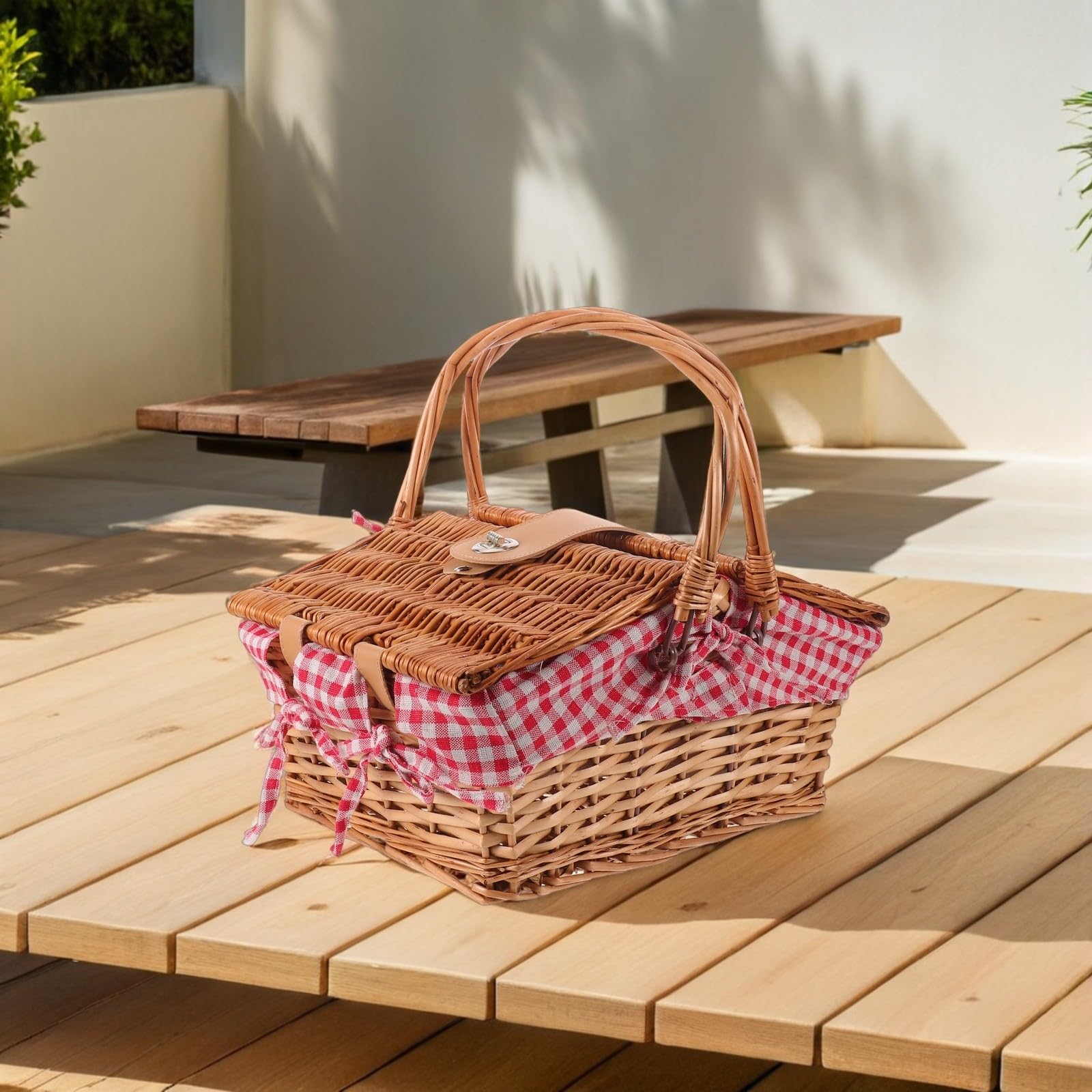 Cesta de Picnic Tejida Vintage de Mimbre con Tapa y Asas Extraíbles