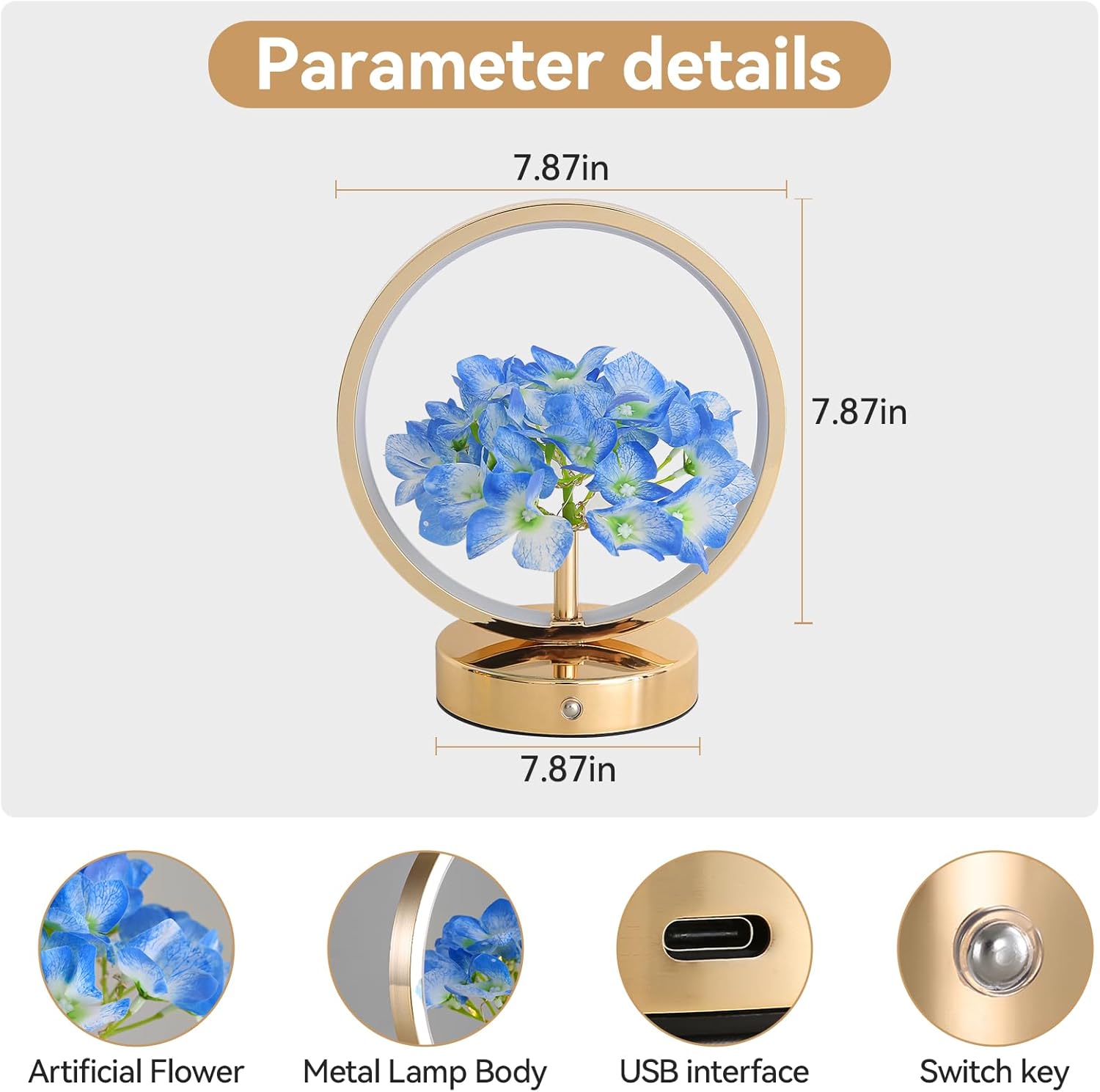 Birthday Gifts for Women Mom,Hydrangeas Flower Touch Lamp,Rechargeable Cordless 3 Way Dimmable Small Night Light for Bedroom,Living Room,Office Home Decor Thank You Gifts for Festival-Blue