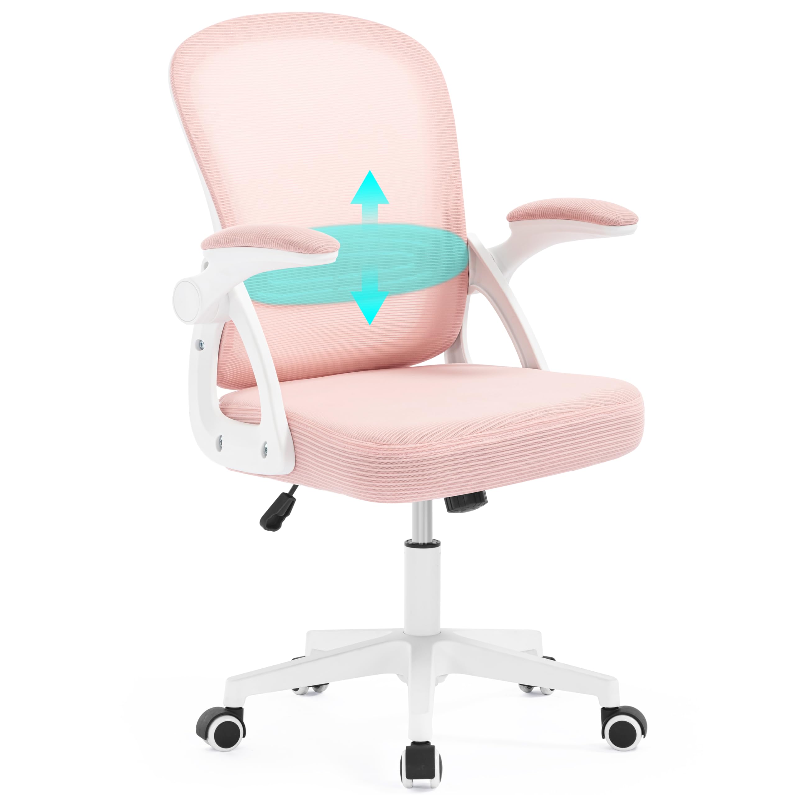Fizzin Ergonomischer Bürostuhl Rosa Schreibtischstuhl, 150 kg | Mesh Drehstuhl mit gepolsterten klappbaren Armlehnen, verstellbare Lendenwirbelstütze für Büro, Homeoffice und Gaming