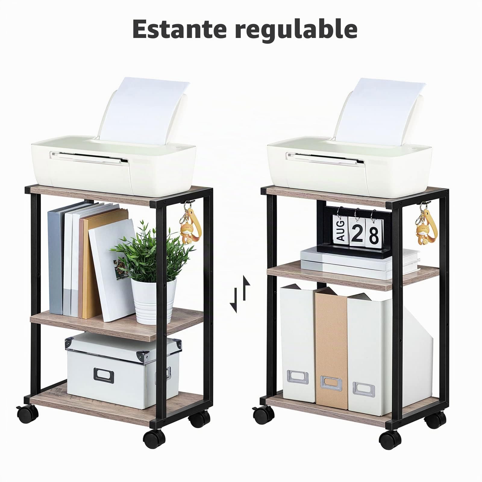 HOOBRO Soporte para Impresora, Carro de Impresora de Escritorio de 3 Estantes, con Pies Ajustables y Ruedas Bloqueables, para Oficina, Salón, Cocina, Estilo Industrial, Greige y Negro EBG28PS01N1