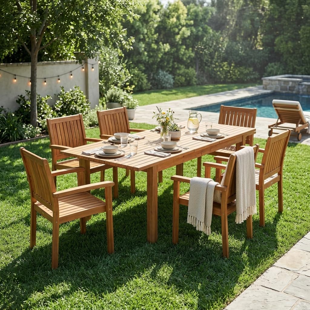 7-Piece Acacia Wood Outdoor Dining Set with 6 Chairs and 1 Expandalbe Large Table, Rustic Modern Patio Furniture for Lawn Backyard Garden Deck Poolside