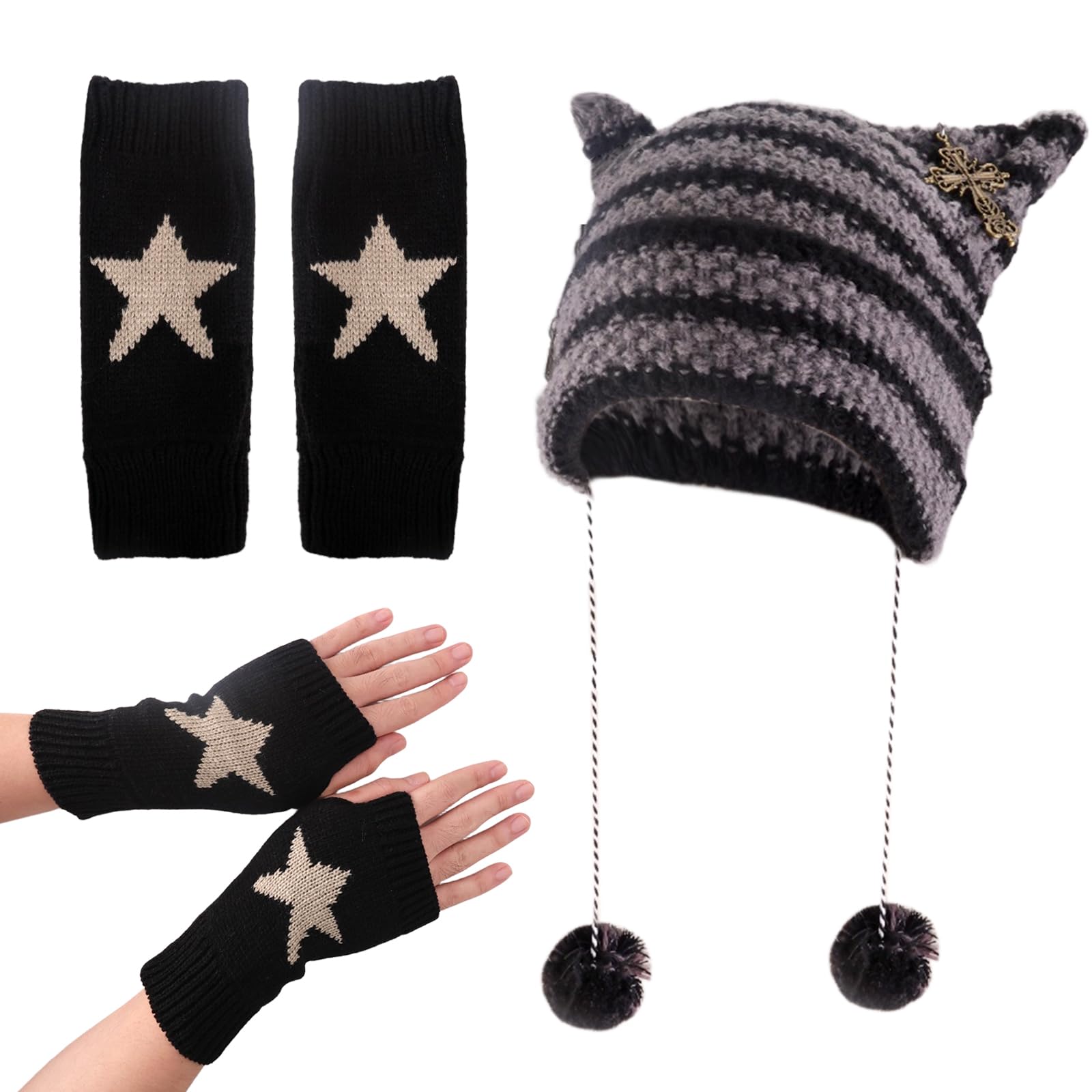 Zidoley Grunge Clothes, 2 Pcs Beanies & Fingerless Gloves, Fox Cat Ear Goth Crochet Knitted Hats, Fingerless Star Printed Gloves, Scene Clothes, Emo Accessories, Y2K Accessories (Black, One Size)