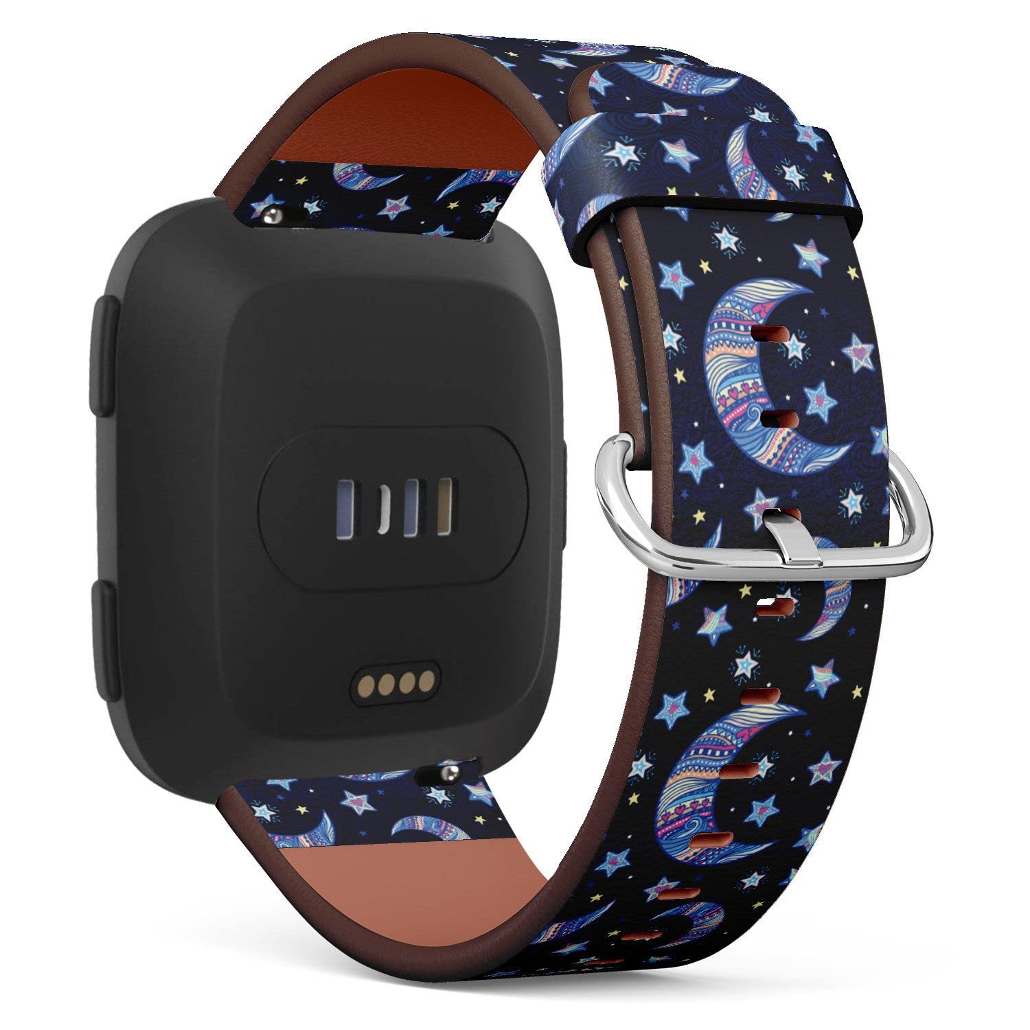 Compatible with Fitbit Versa 2 / Versa / Versa Lite / Versa SE Patterned Leather Replacement Band (Stars and crescent moon in hand-drawn zentangle style)