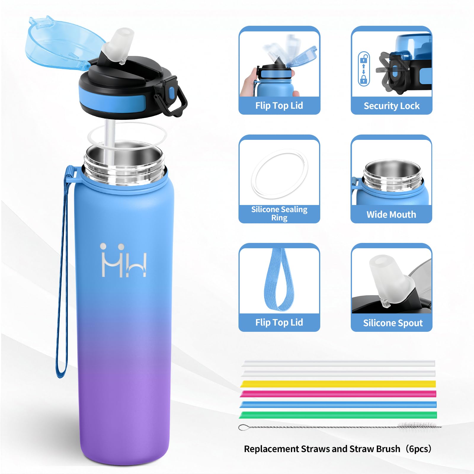 JAPORIA Gourde avec Paille 1l, Bouteille Isotherme Inox, Double Paroi Isolante, Anti-Fuite, sans BPA, Réutilisable, Bouteille D'eau pour Bureau, Camping, Activités de Plein Air - 2