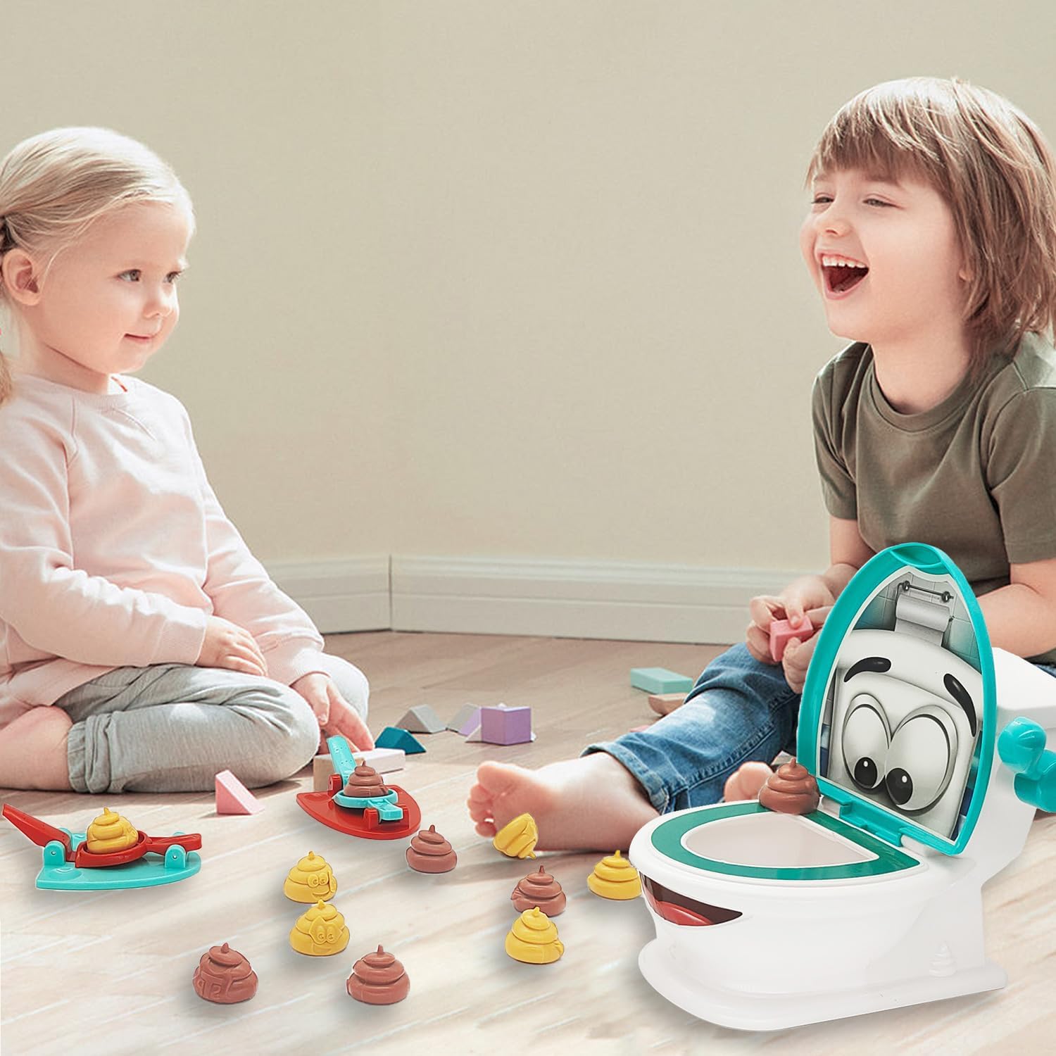 Poop Family Game - Funny Shooting Game - Fast and Frenzied Launching - Includes 1 Toilet Bowl, 2 Launchers, 12 Soft Plastic Poops - Gift for Kids 3-8