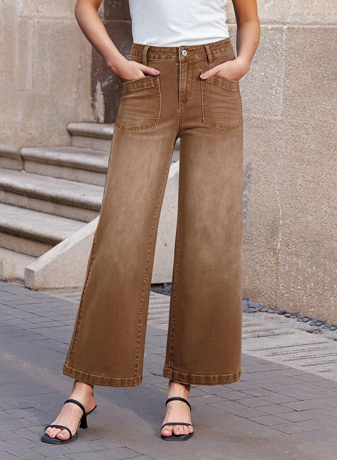 Sidefeel Women’s Wide Leg Jeans High Waisted Stretchy Jeans Straight Leg Loose Fit Zimbaplatinum Ankle Denim Pants