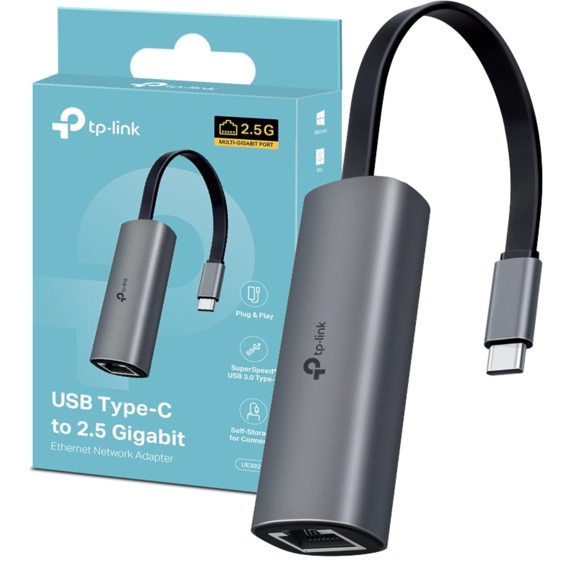 TP-Link TP-Link UE302C USB C to Ethernet Adapter, 2.5 Gigabit Ethernet to USB C 3.0 Adapter, Multi-Gigabit Connection, Universal Compatibility, Scratch Resistant, Self-Storage, Plug & Play