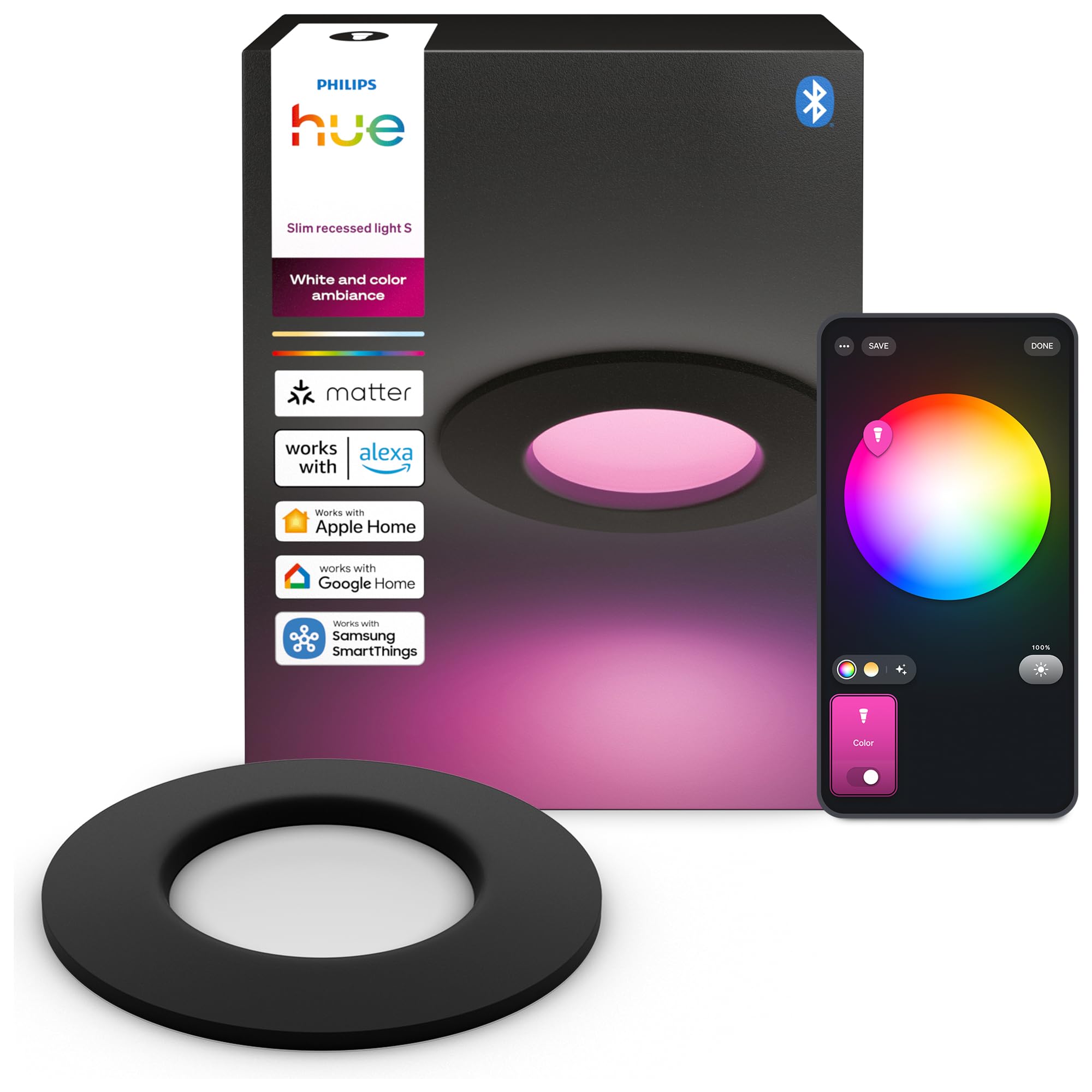 Philips Hue Slim Downlight, Plafoniera da incasso, 90 mm, Nero | Smart LED, 1500 lm, Luce diurna 1000 K-20000 K, Regolazione ultrabassa, Colore preciso, Controllo via app e bluetooth